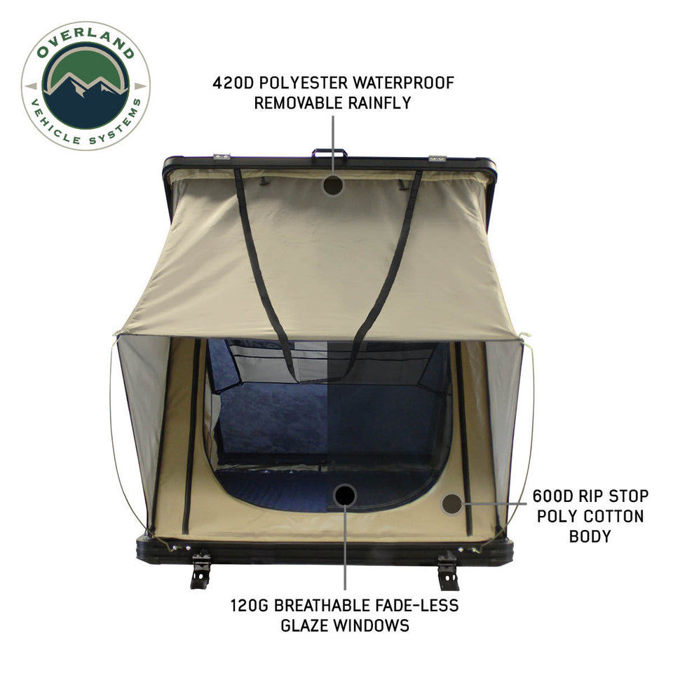 Overland Vehicle Systems LD TMON Clamshell Aluminum Hard Shell Roof Top Tent - 2 Person Capacity, Tan Body & Green Rainfly 18119935