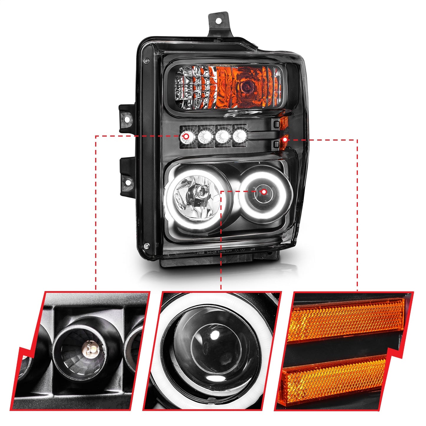 Anzo USA | Projector Headlight Set w/Halo Clear Lens Black Housing RX Halo w/LED Parking/Projector/Halo Pair | Fits F-250 Super Duty | 111168