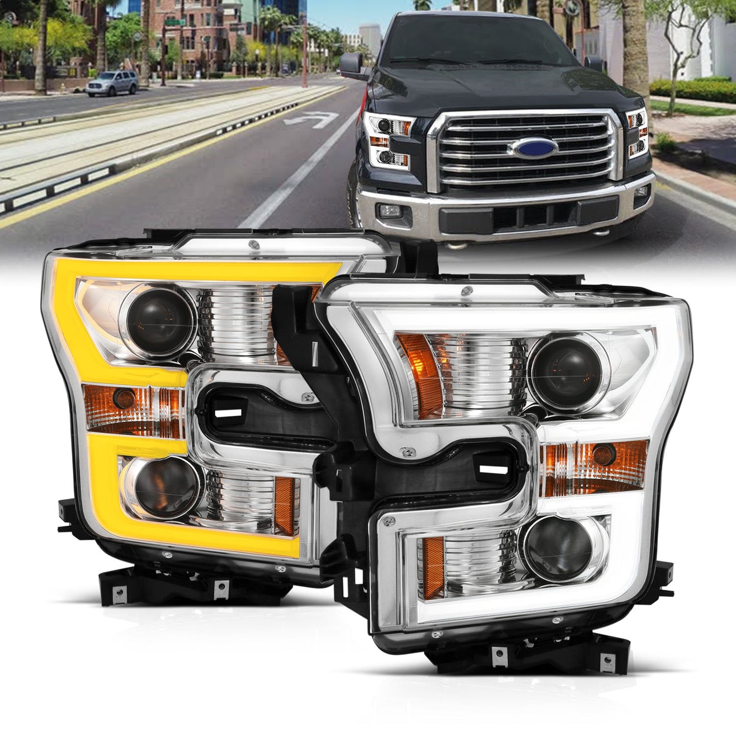 Anzo USA | Projector Headlight Set Clear Lens w/Plank Style Switchback Chrome w/Amber Pair | Fits F-150 | 111358