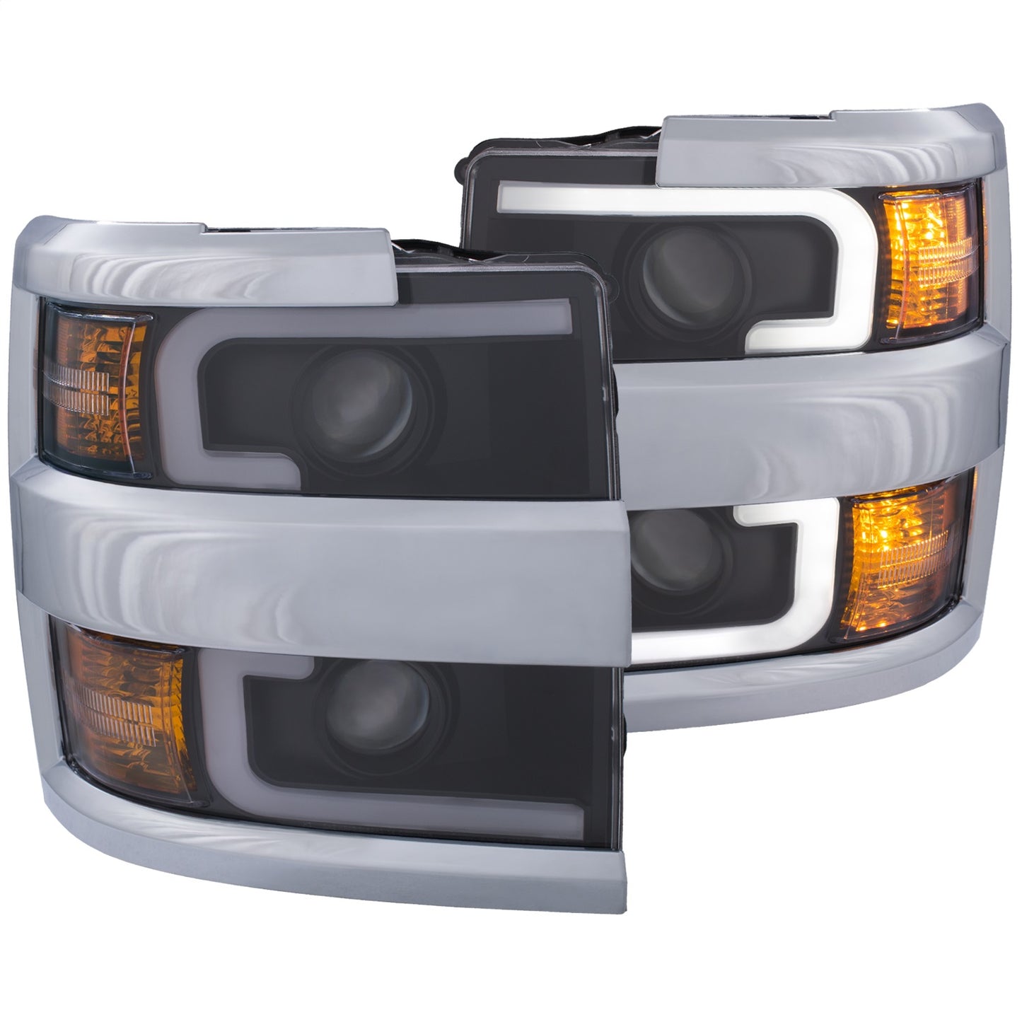 Anzo USA | Projector Headlight Set Clear Lens w/Plank Style Switchback Black w/Amber Chrome Rim Pair | Fits Silverado 2500 HD | 111365