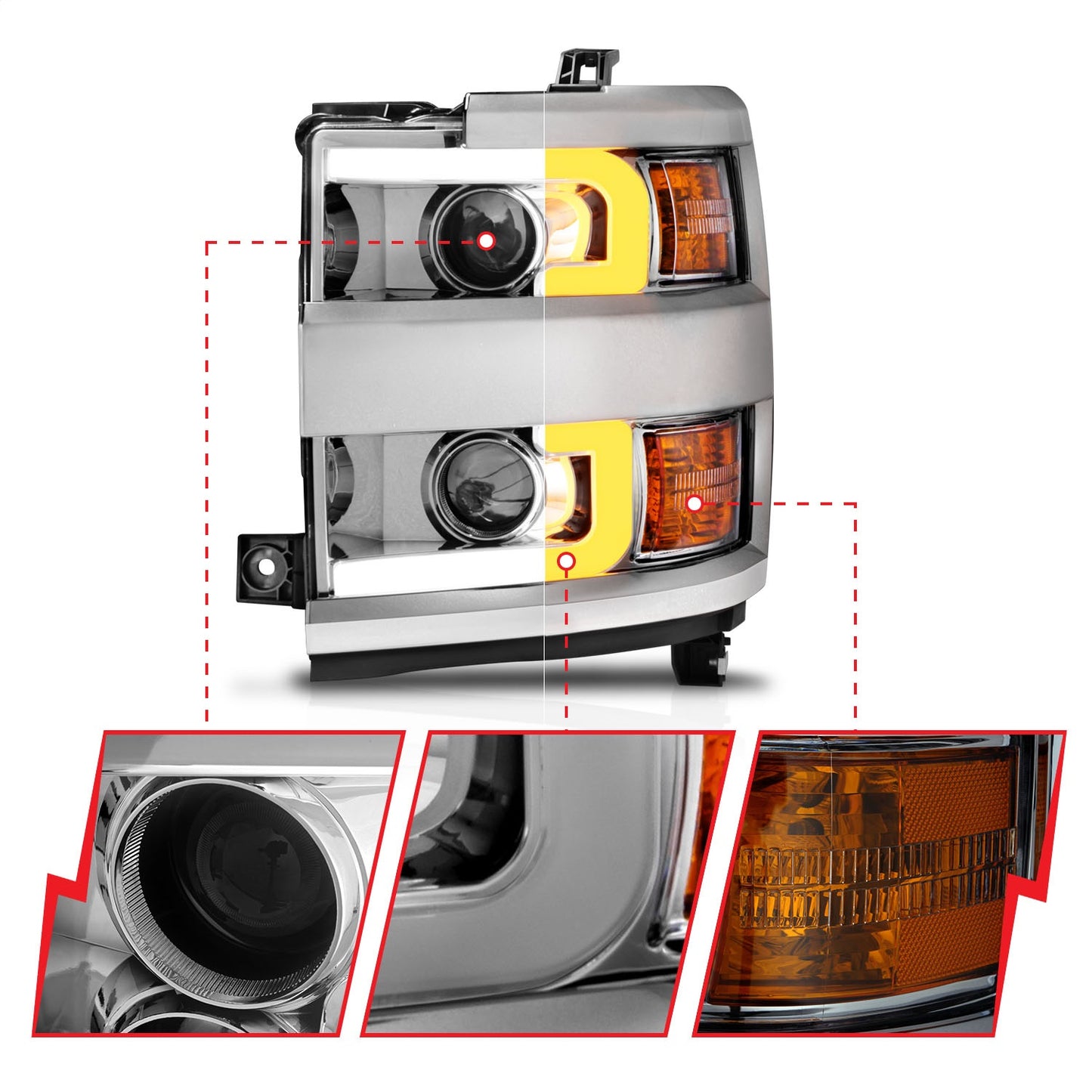 Anzo USA | Projector Headlight Set Clear Lens w/Plank Style Switchback Chrome w/Amber Chrome Rim Pair | Fits Silverado 2500 HD | 111366