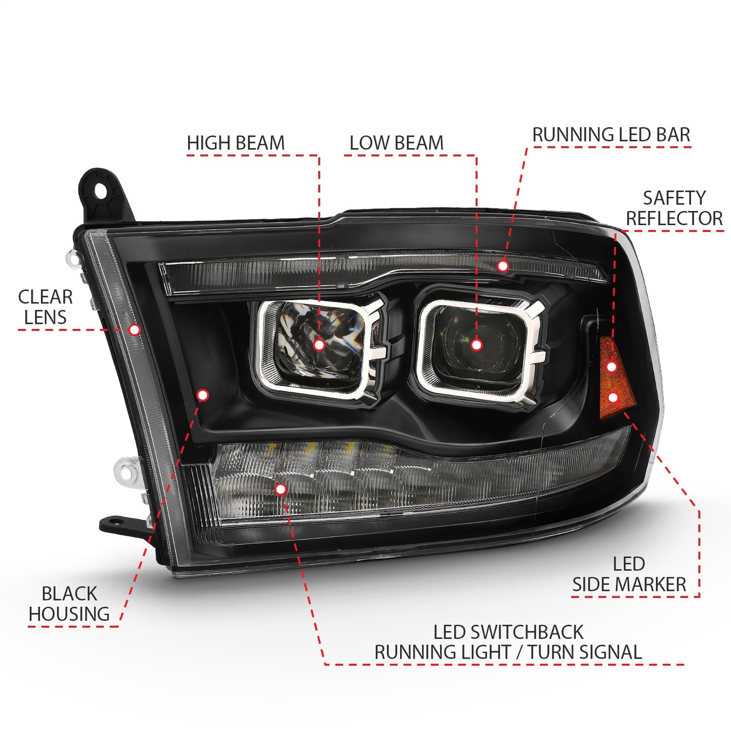 Anzo USA | Projector Headlight Set w/Switchback Black w/Amber Pair | Fits Ram 1500 | 111441