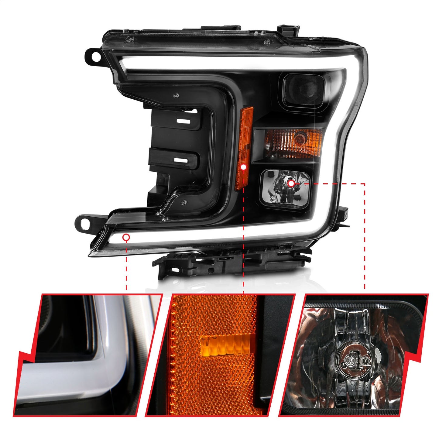 Anzo USA | Projector Headlight Set w/Halo w/Plank Style Black w/Amber Pair | Fits F-150 | 111467
