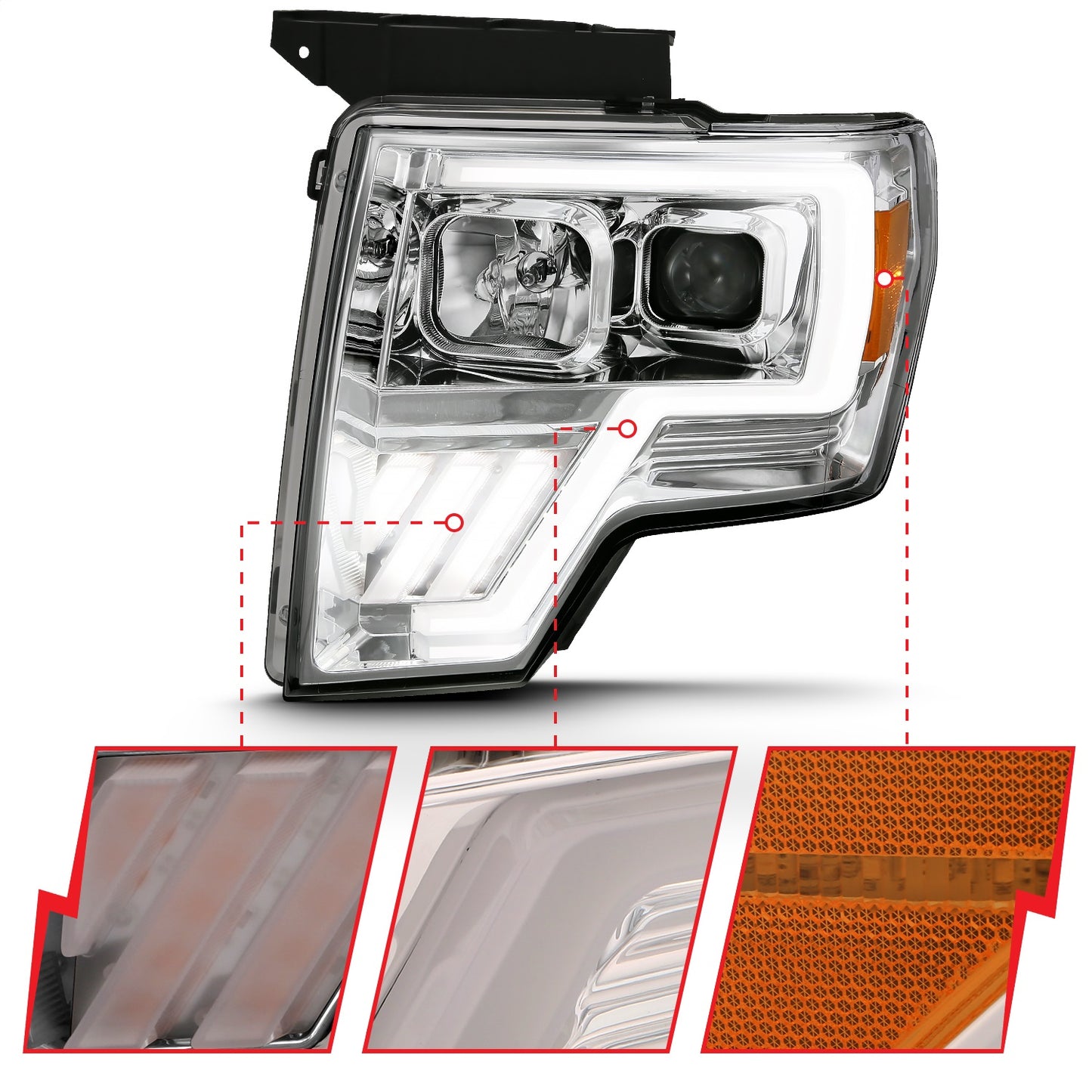 Anzo USA | Projector Headlight Set w/Halo w/Switchback G4 Chrome w/Amber Pair | Fits F-150 | 111470