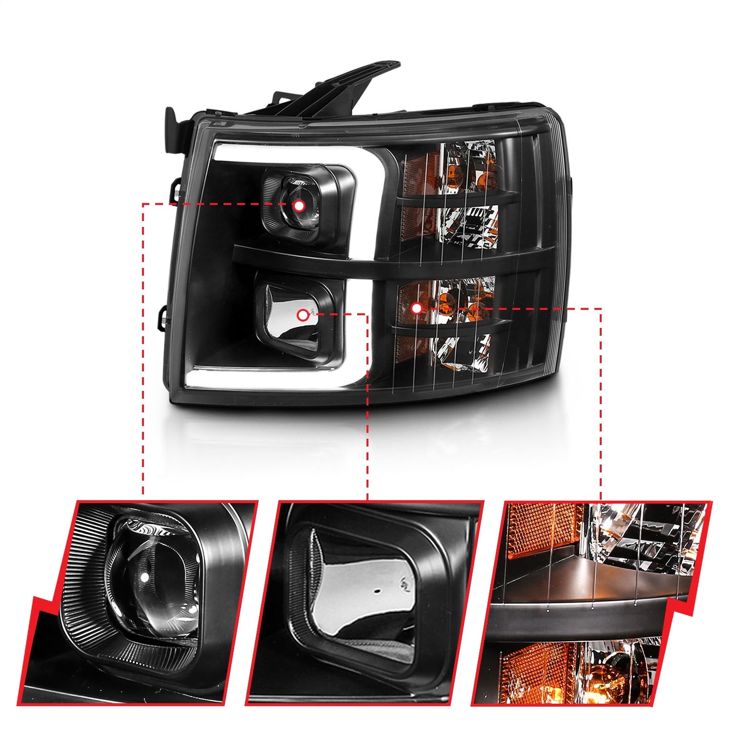 Anzo USA | Projector Headlight Set Clear Lens Black w/Amber Housing Pair w/Plank Style Design | Fits Silverado 1500 | 111480