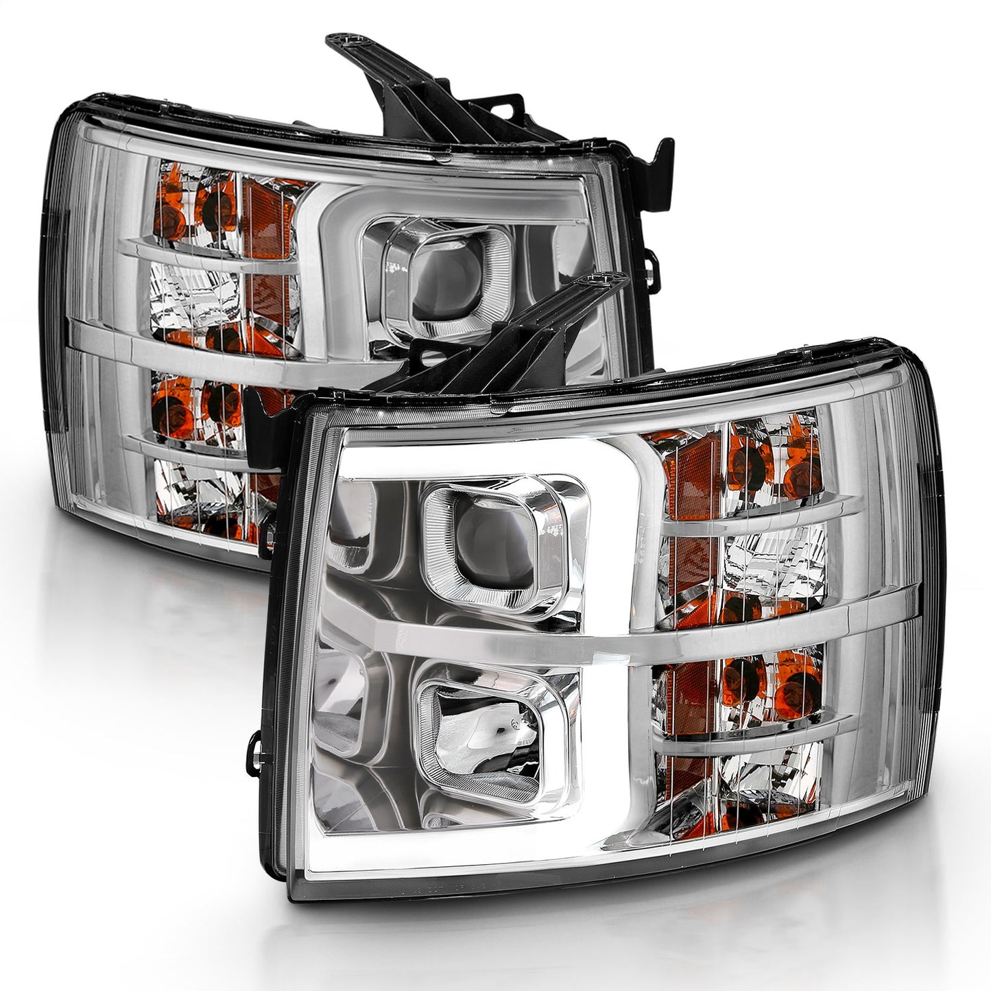 Anzo USA | Projector Headlight Set Clear Lens Chrome w/Amber Housing Pair w/Plank Style Design | Fits Silverado 1500 | 111481