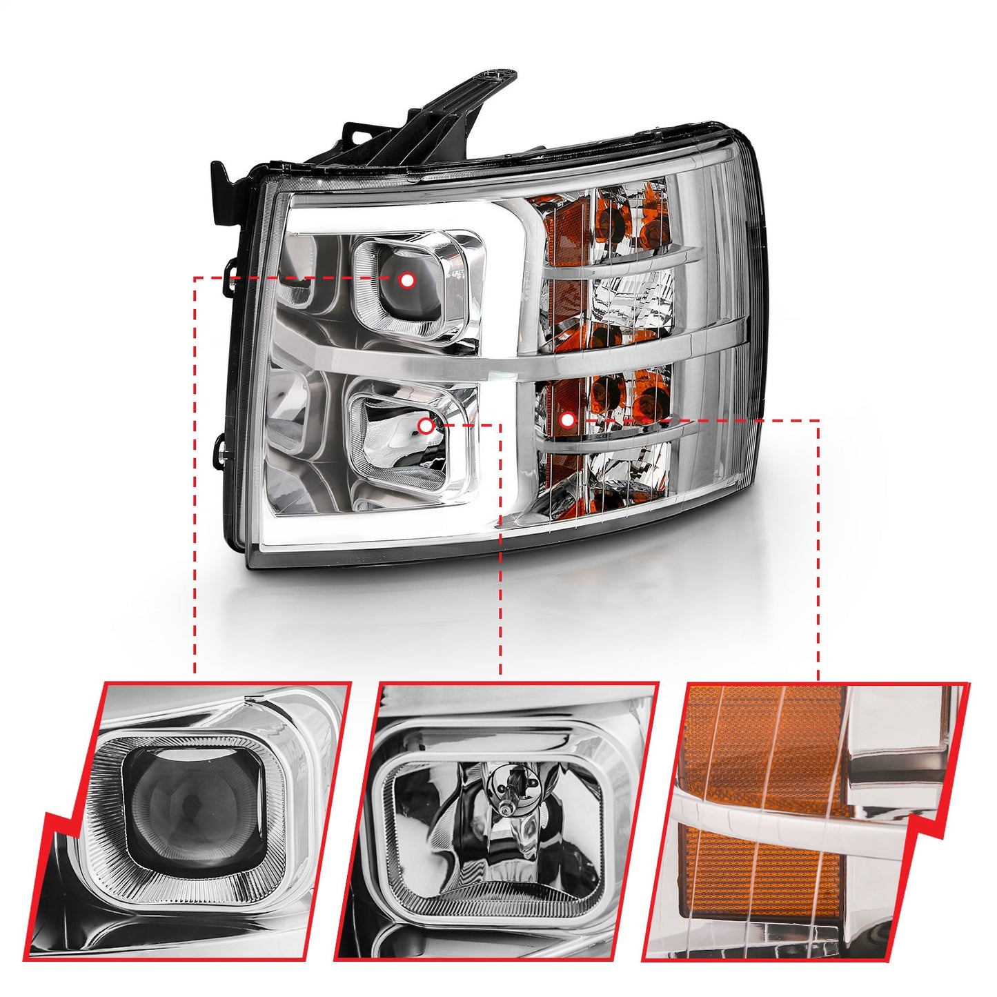 Anzo USA | Projector Headlight Set Clear Lens Chrome w/Amber Housing Pair w/Plank Style Design | Fits Silverado 1500 | 111481