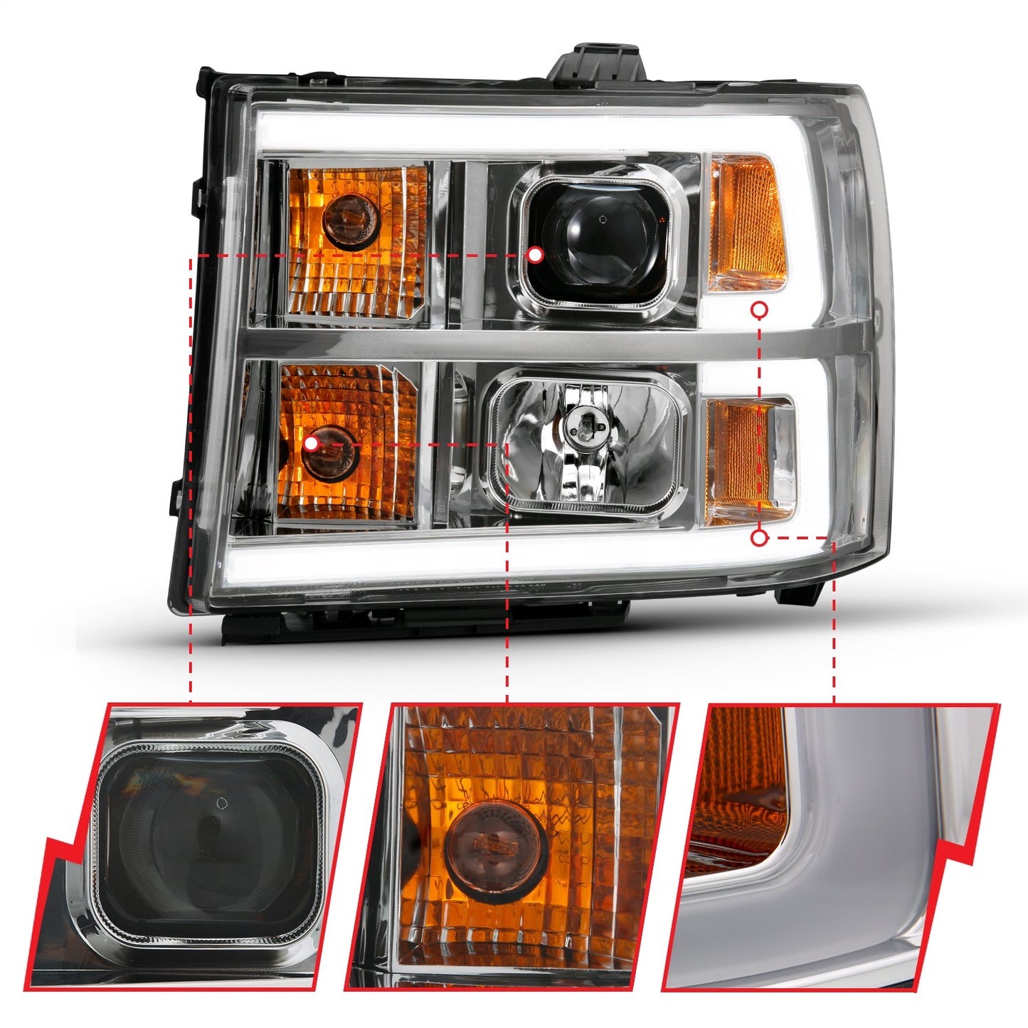 Anzo USA | Projector Headlight Set Clear Lens Chrome w/Amber Housing Pair w/Plank Style Design | Fits Sierra 1500 | 111483