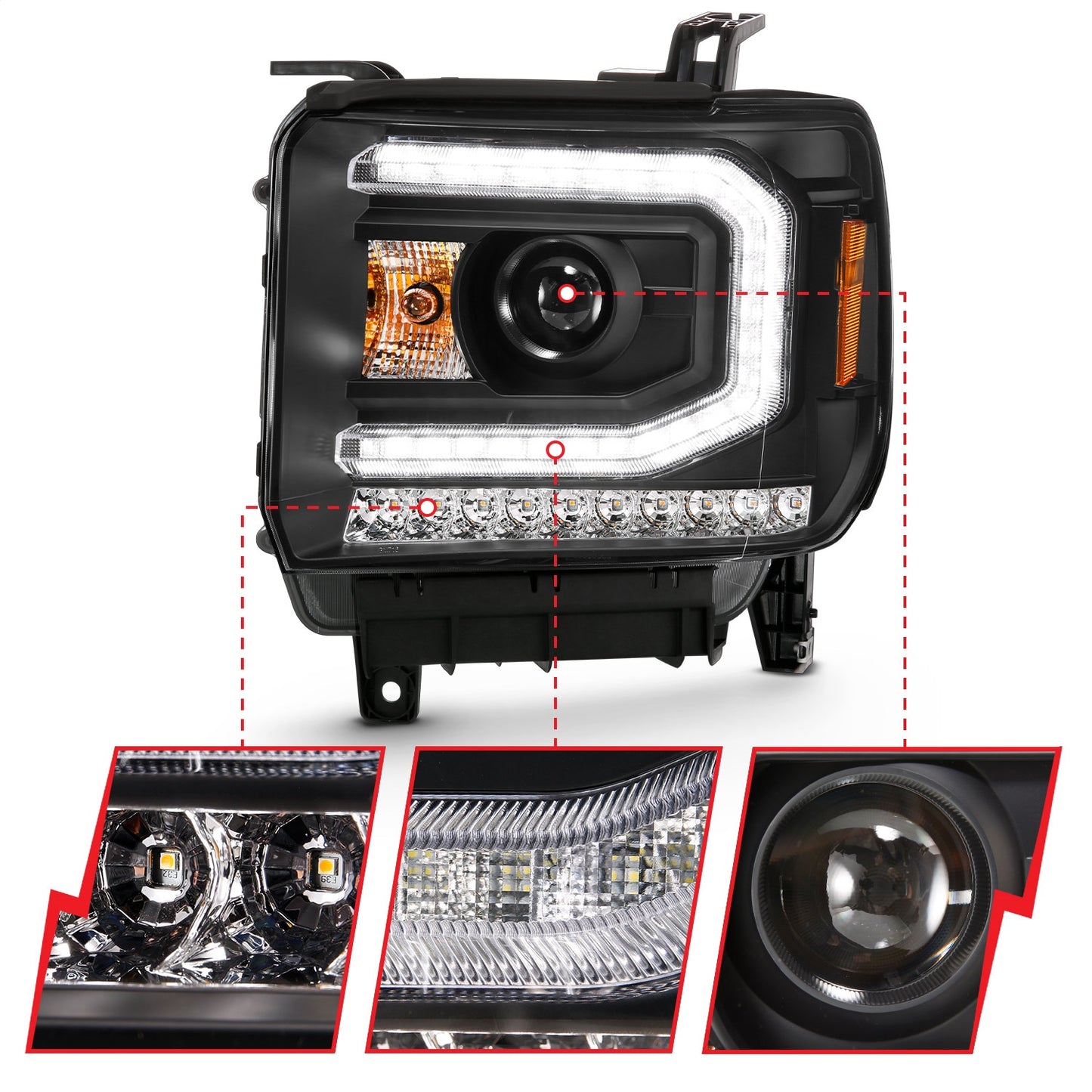 Anzo USA | Projector Headlight Set w/Plank Style Design Black w/Amber Sequential Turn Signal | Fits Sierra 1500 | 111485