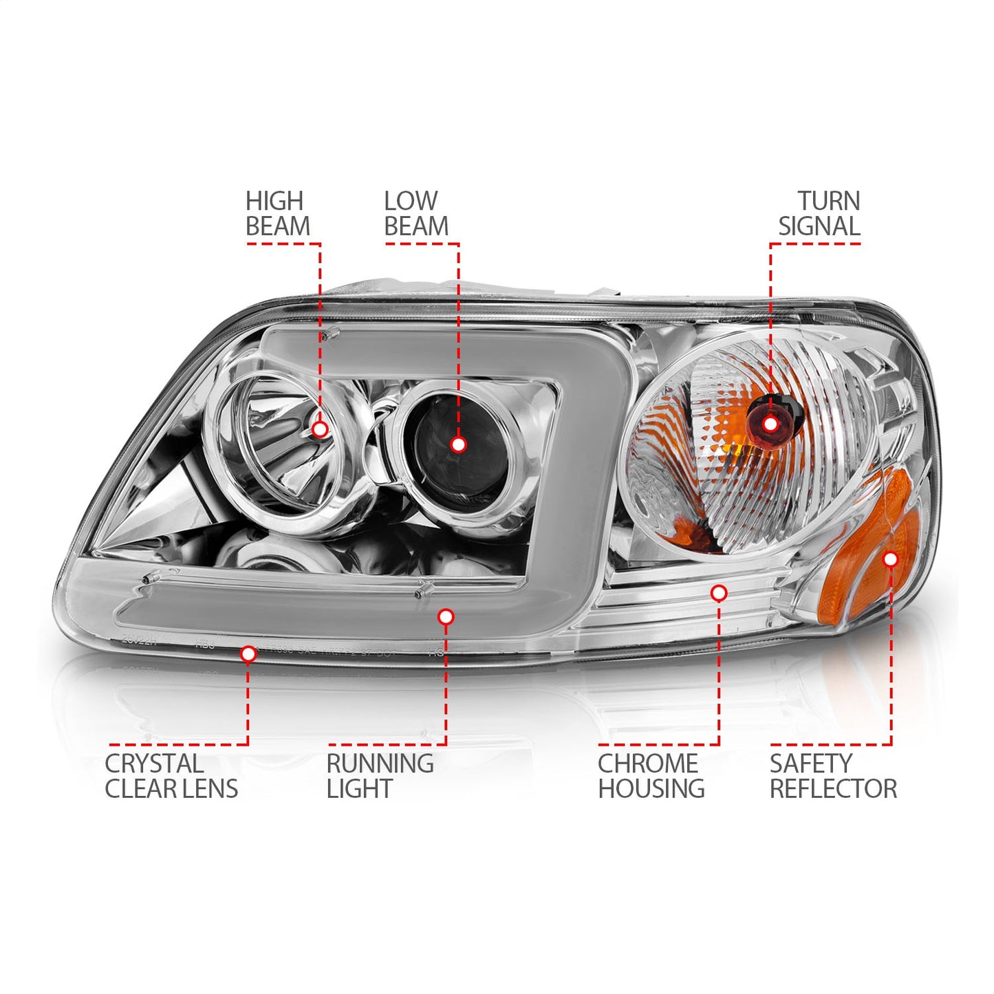 Anzo USA | Projector Headlight Set Clear Lens Chorme Housing w/Light Bar Pair | Fits F-150 | 111504