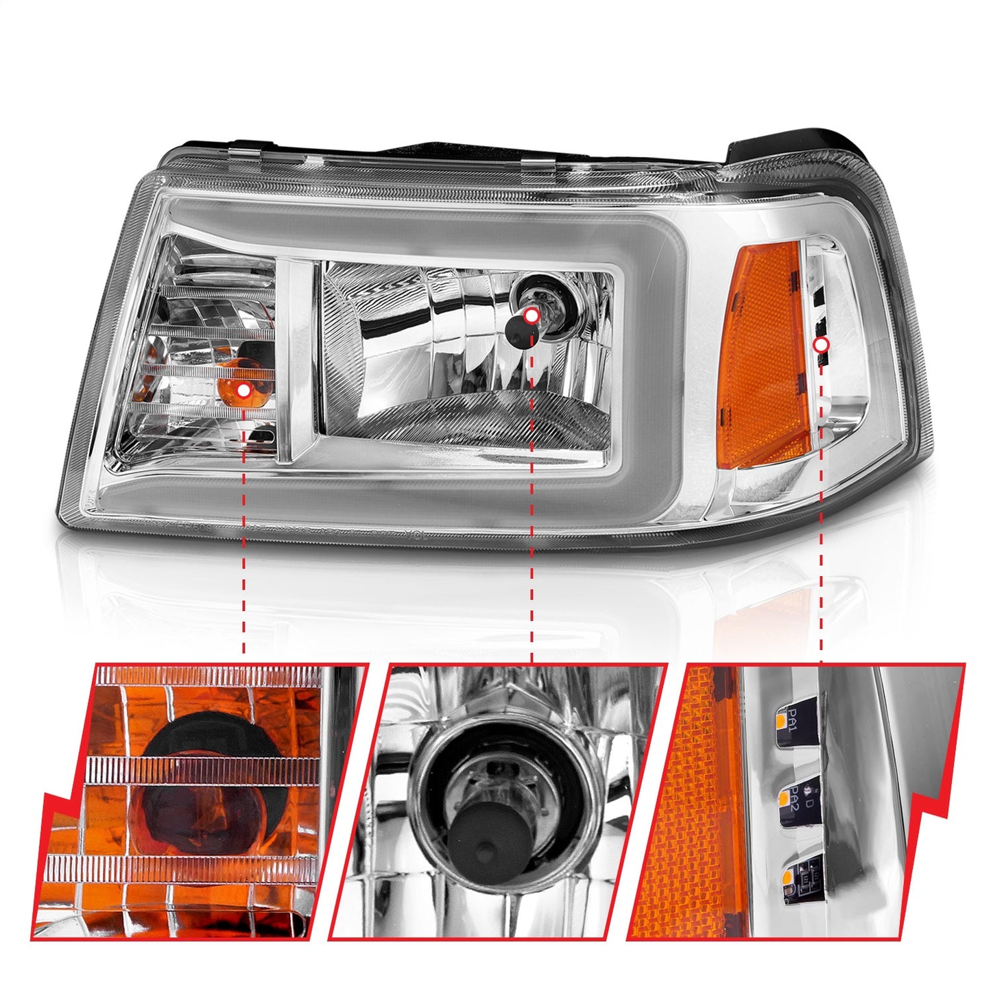 Anzo USA | Crystal Headlight Set Chorme Housing Pair w/Light Bar | Fits Ranger | 111512