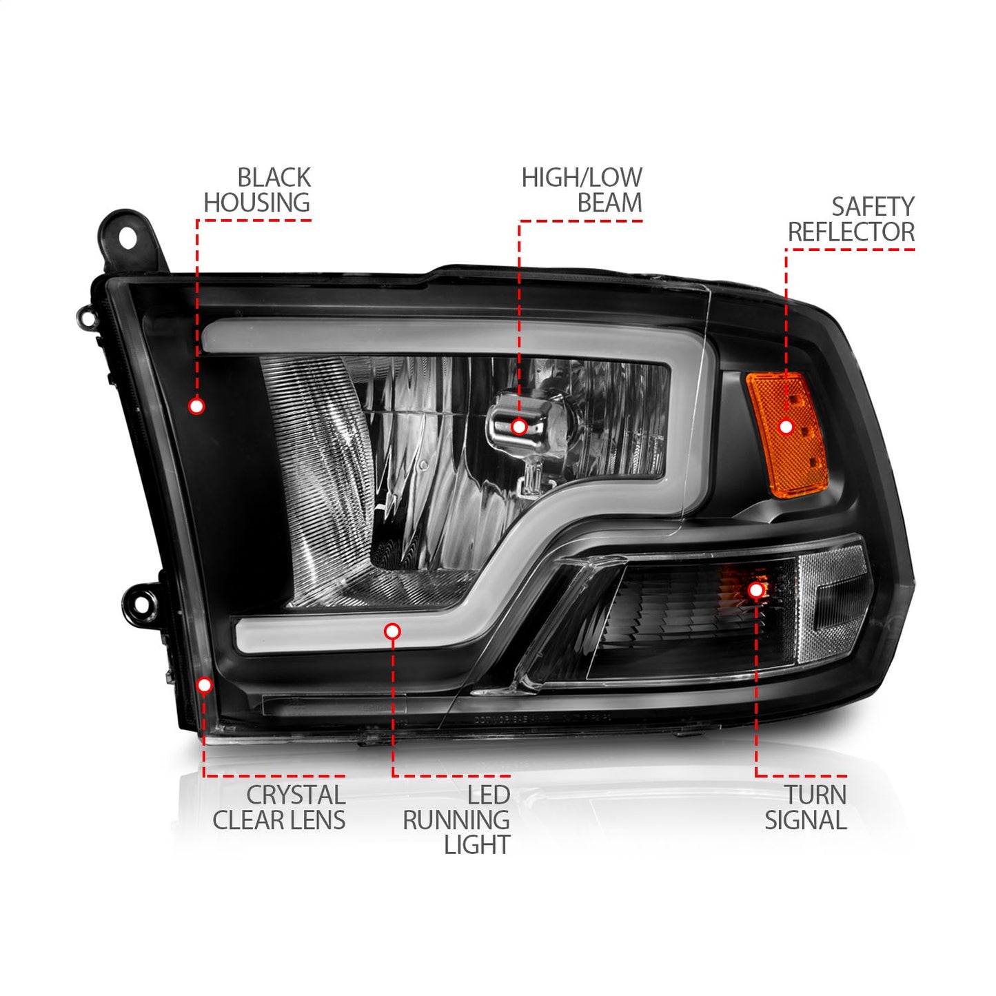 Anzo USA | Crystal Headlight Set Black Housing Pair w/Light Bar | Fits Ram 1500 | 111515