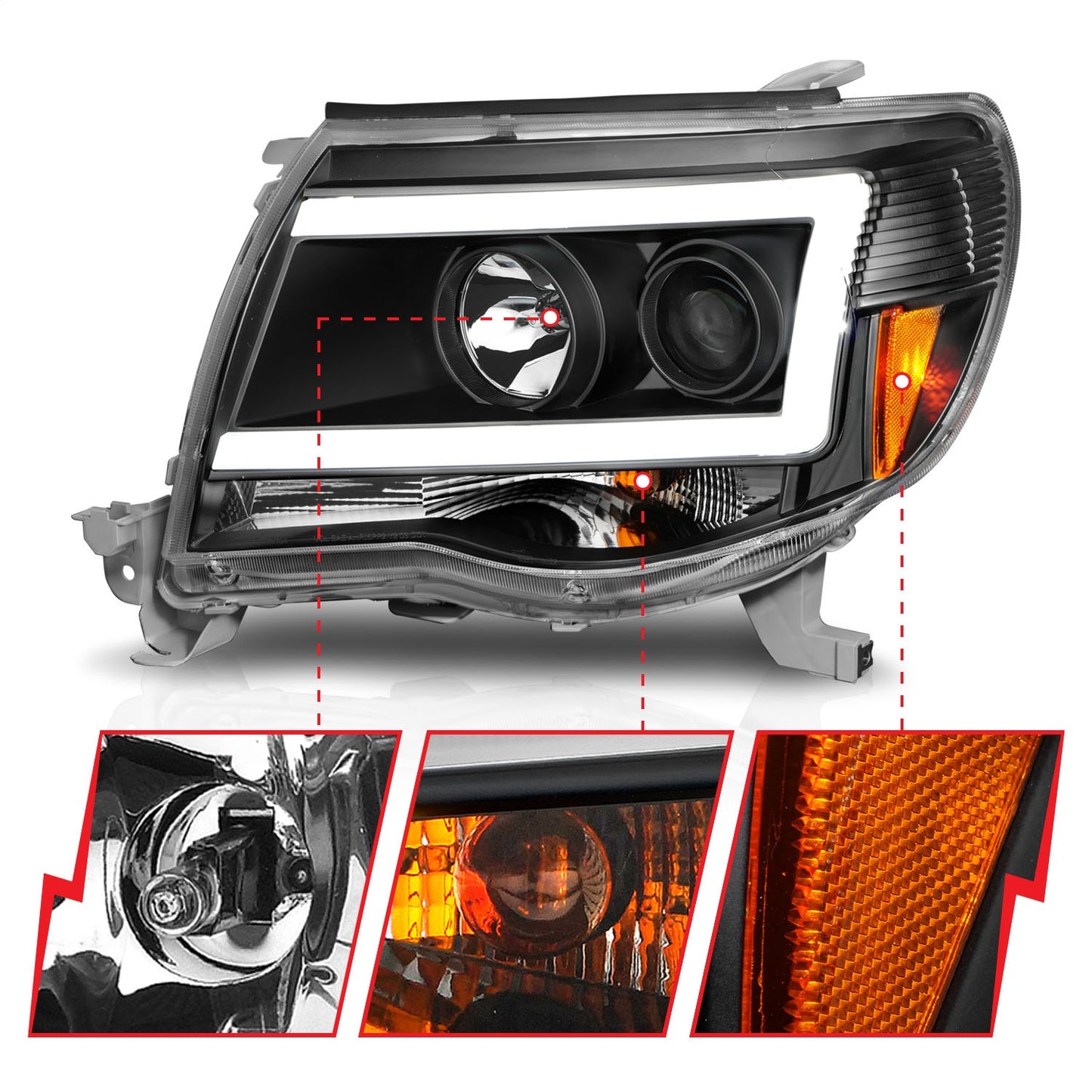 Anzo USA | Projector Headlight Set Clear Lens Black Housing w/Light Bar Pair | Fits Tacoma | 111517