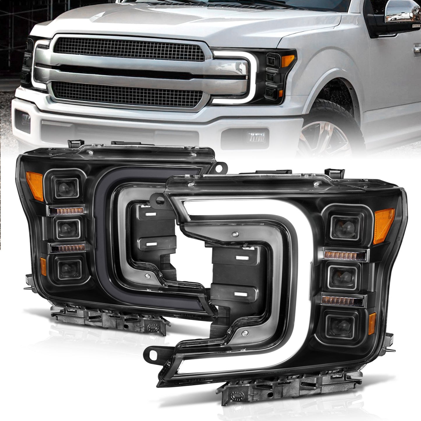 Anzo USA | LED Projector Headlight Black Housing w/Smoke Bar Sequential Signal Pair | Fits F-150 | 111520