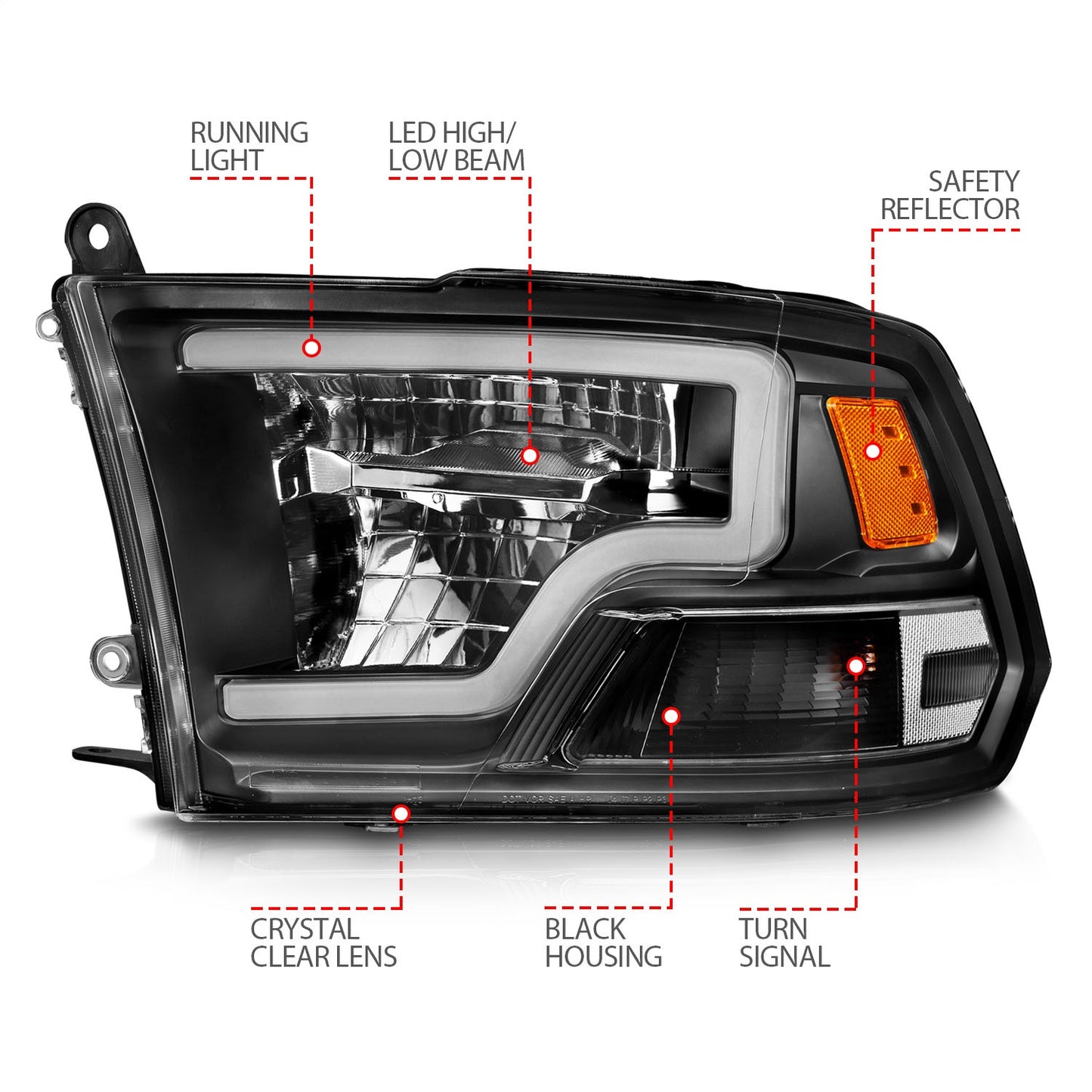 Anzo USA | LED Projector Headlight LED Square Black Housing w/Light Bar Pair | Fits Ram 1500 | 111539