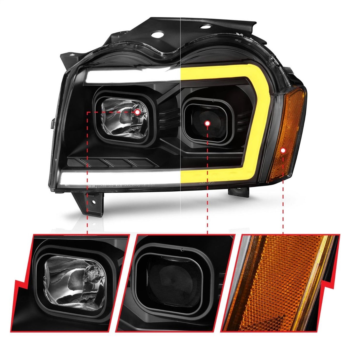 Anzo USA | Projector Headlight Set Black Housing w/Light Bar Switchback | Fits Grand Cherokee | 111543