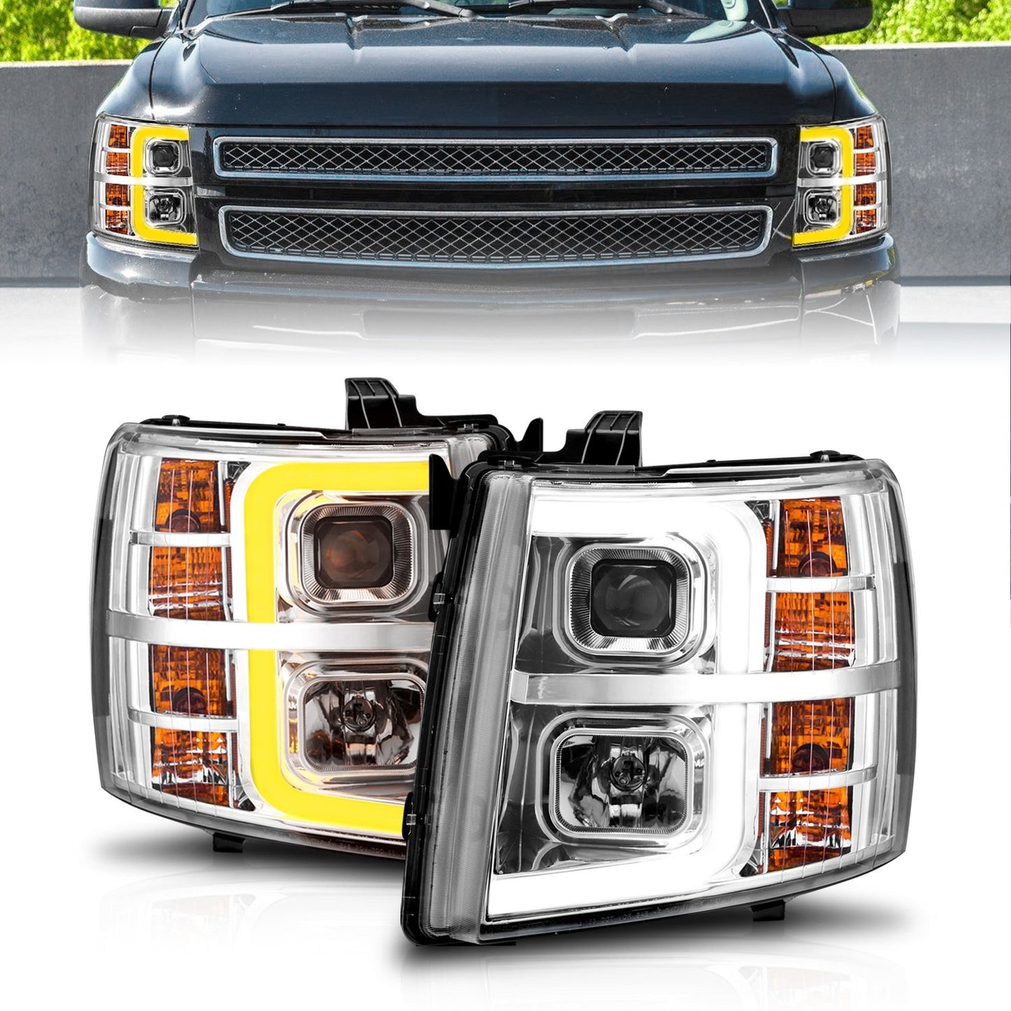 Anzo USA | Projector Headlight Set Chrome Housing w/Light Bar w/Sequential | Fits Silverado 1500 | 111546