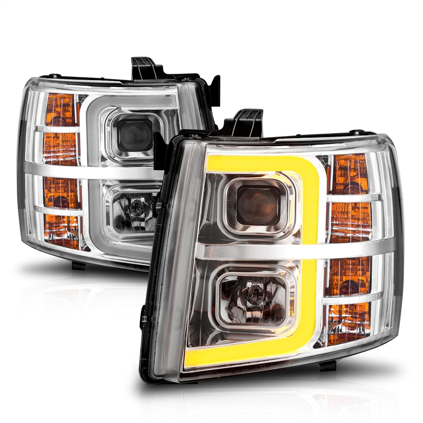 Anzo USA | Projector Headlight Set Chrome Housing w/Light Bar w/Sequential | Fits Silverado 1500 | 111546