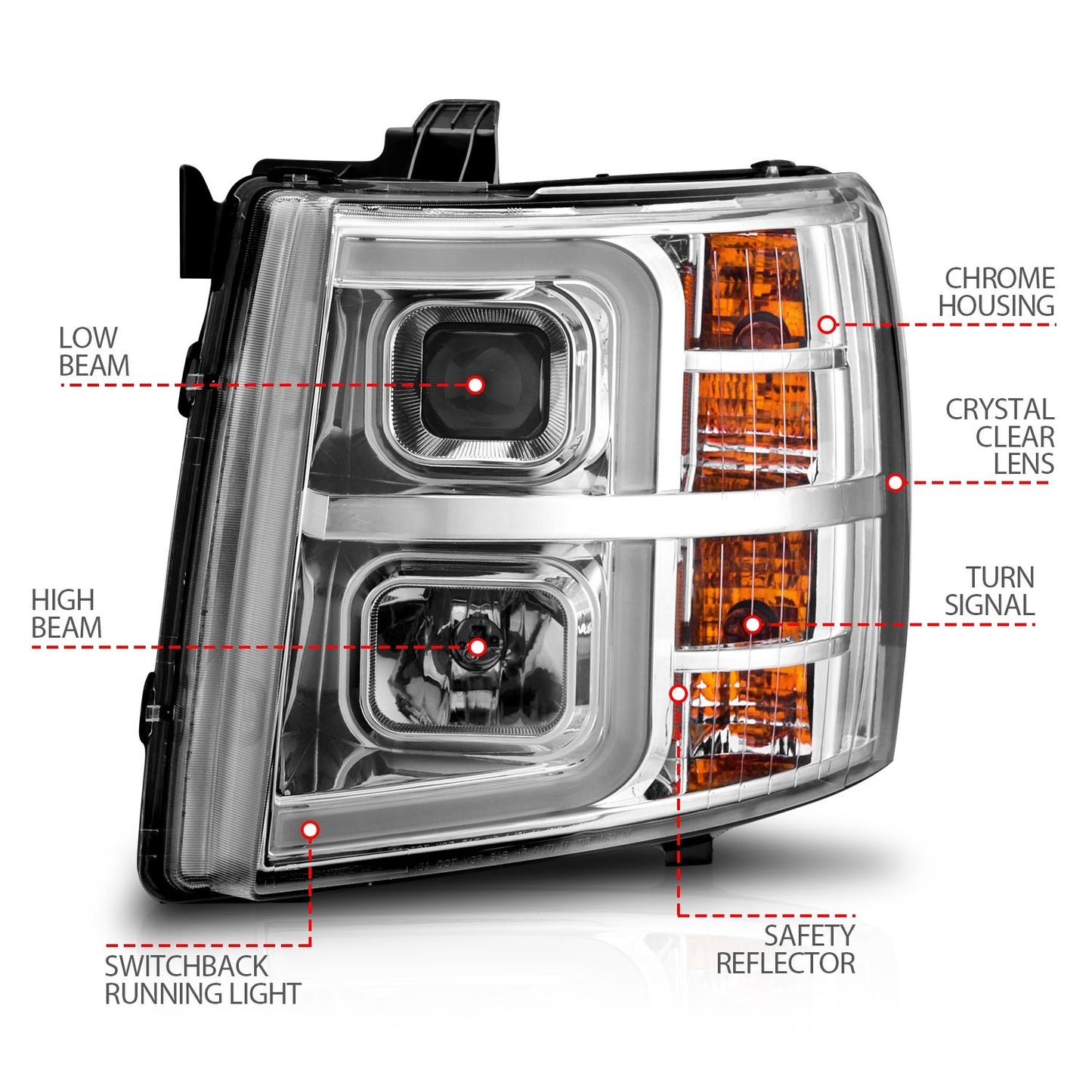 Anzo USA | Projector Headlight Set Chrome Housing w/Light Bar w/Sequential | Fits Silverado 1500 | 111546