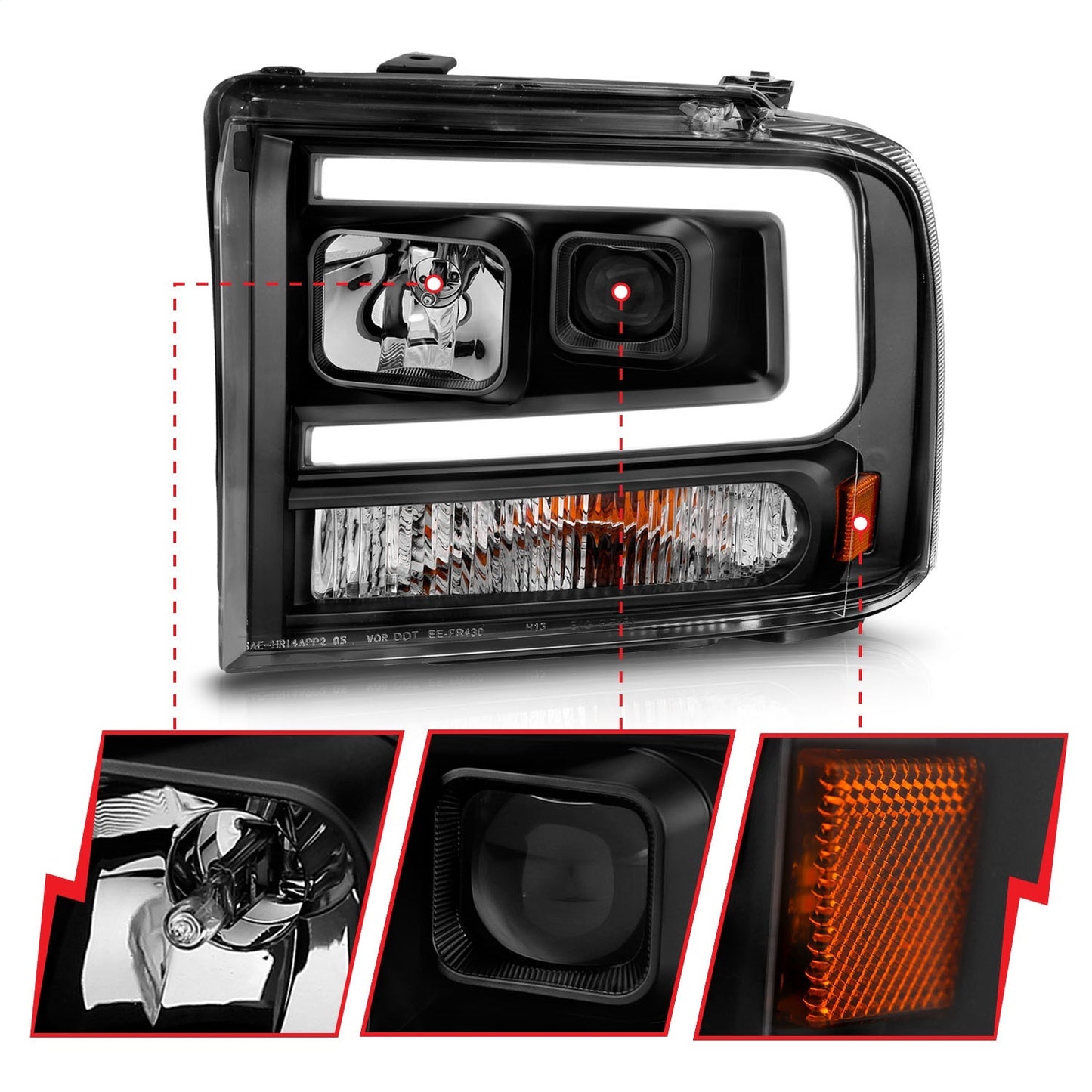 Anzo USA | Projector Headlight Set Black Housing w/Light Bar | Fits F-250 Super Duty | 111551