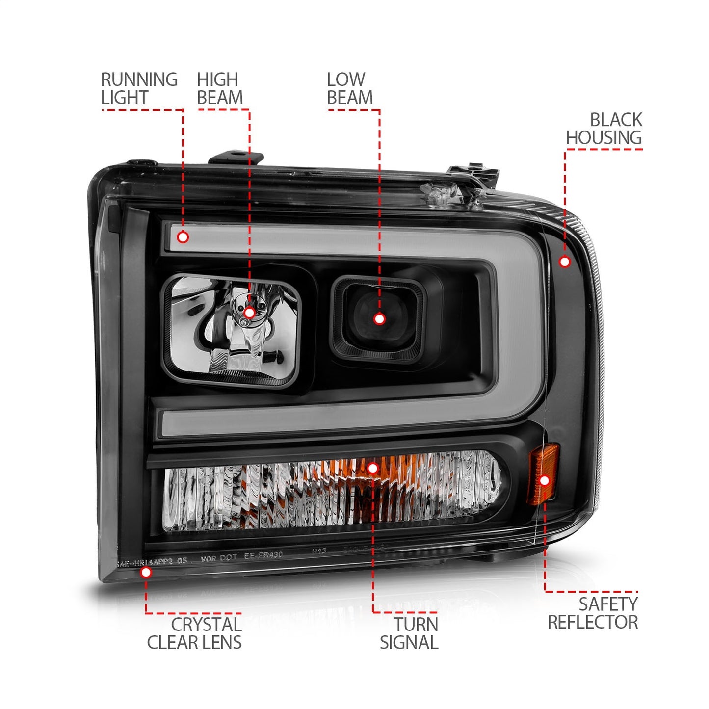 Anzo USA | Projector Headlight Set Black Housing w/Light Bar | Fits F-250 Super Duty | 111551