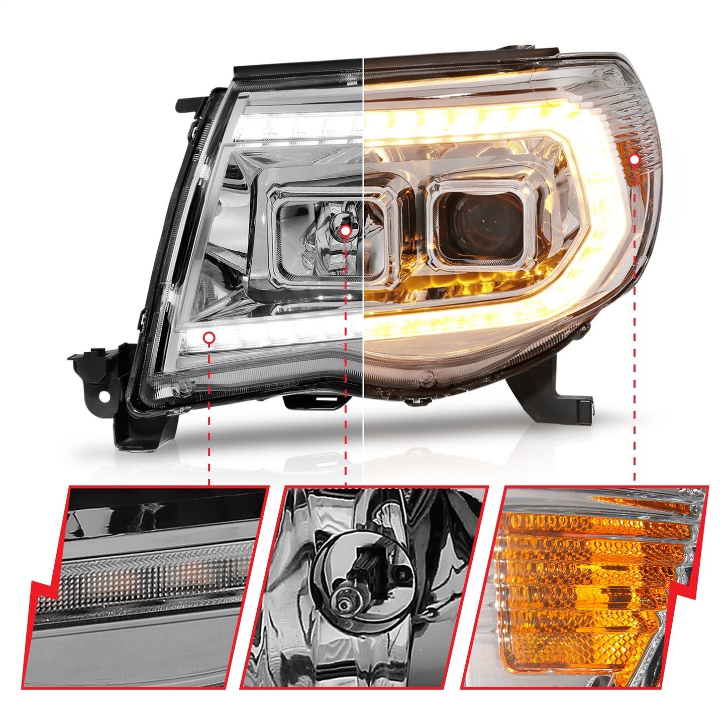 Anzo USA | Projector Headlight Set w/Sequential Light Bar Chrome Housing | Fits Tacoma | 111565