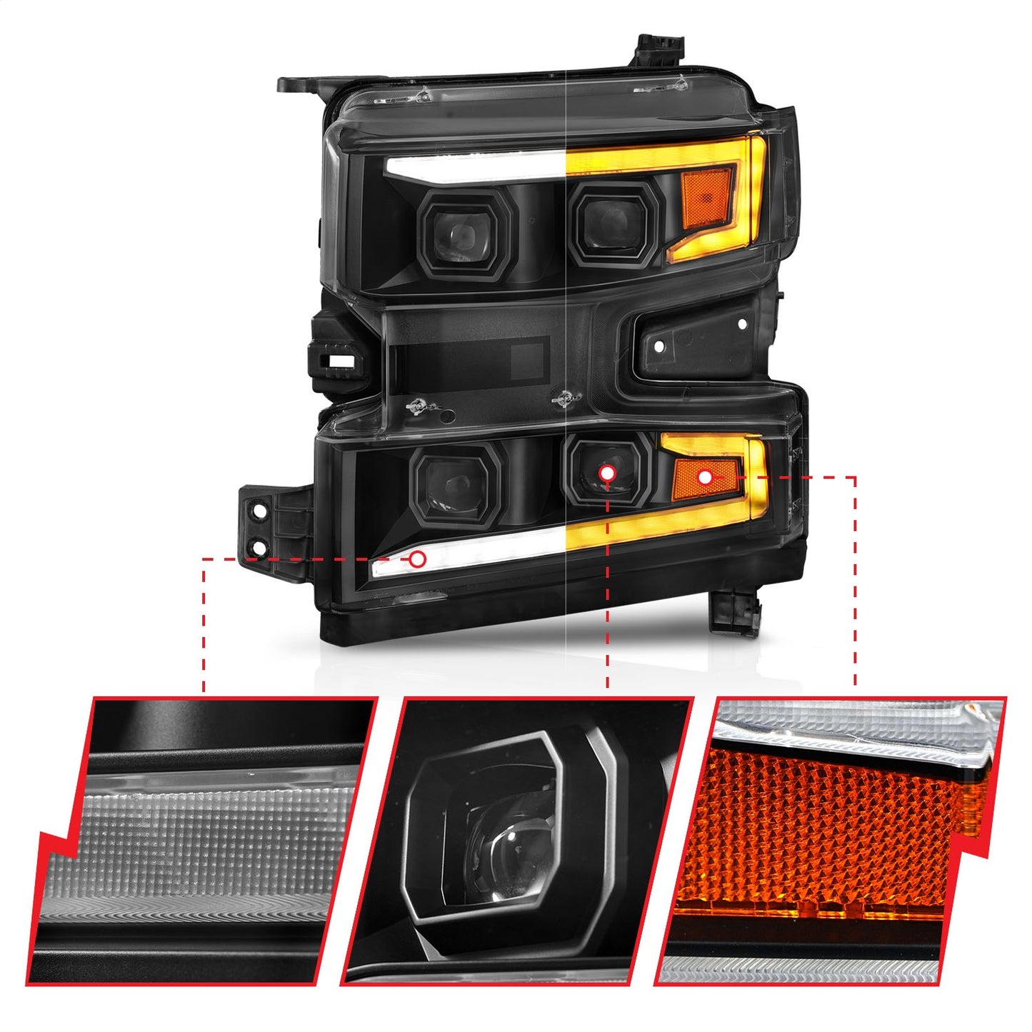 Anzo USA | LED Projector Headlight Clear Lens Black Housing w/Light Bar Switchback Sequential w/Initiation Light Driver Side Only | Fits Silverado 1500 | 111566-L