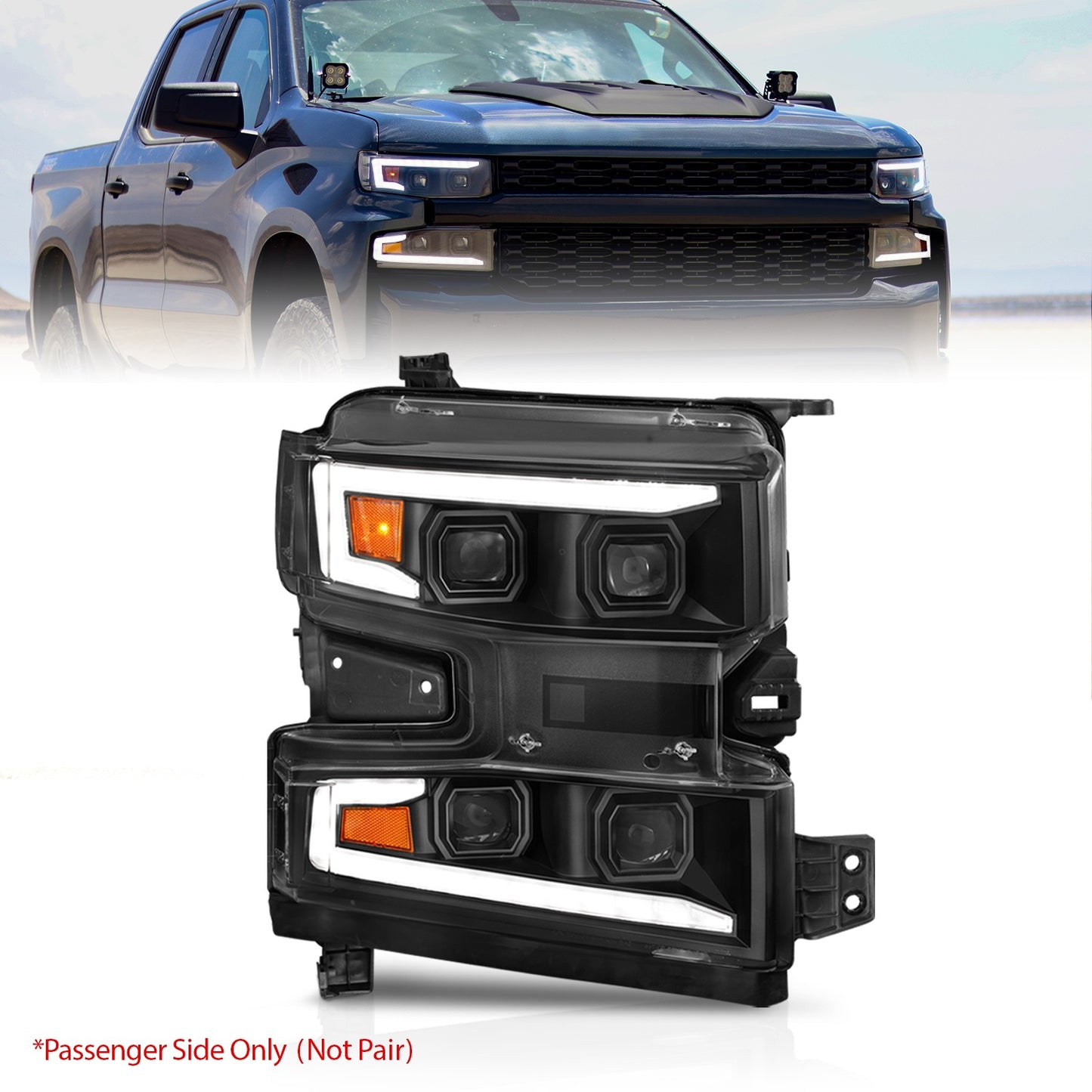 Anzo USA | LED Projector Headlight Clear Lens Black Housing w/Light Bar Switchback Sequential w/Initiation Light Passenger Side Only | Fits Silverado 1500 | 111566-R