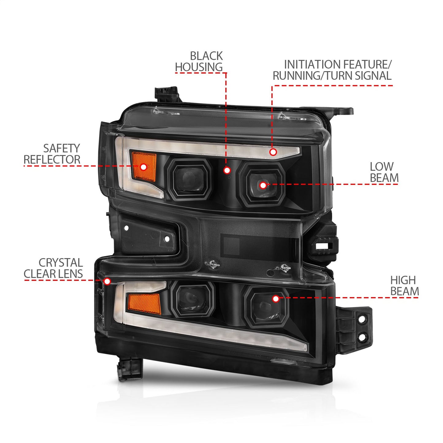Anzo USA | LED Projector Headlight Clear Lens Black Housing w/Light Bar Switchback Sequential w/Initiation Light Passenger Side Only | Fits Silverado 1500 | 111566-R