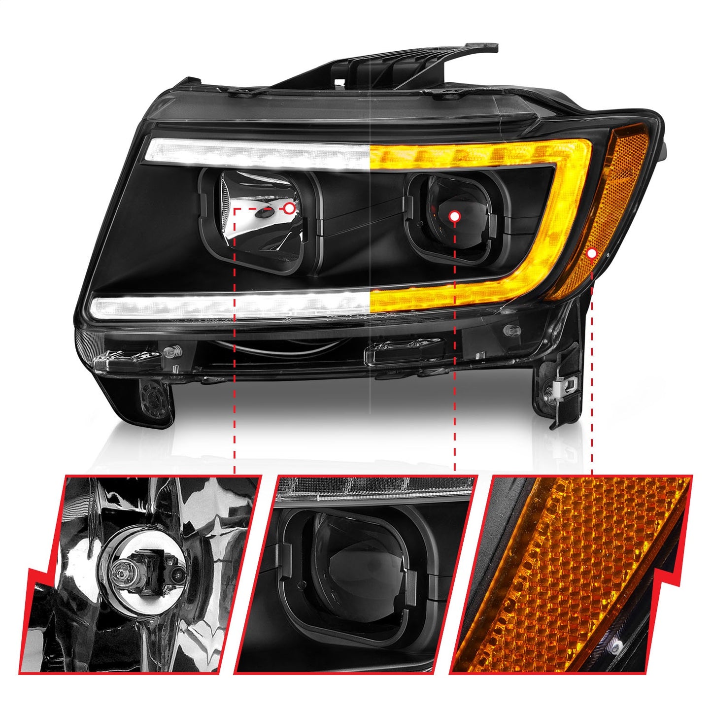 Anzo USA | Projector Headlight Set Clear Lens Black Housing w/Light Bar Switchback Pair | Fits Grand Cherokee | 111568