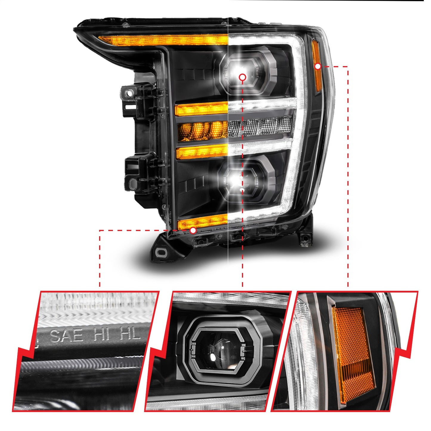Anzo USA | LED Projector Headlight Black Housing Full LED Trio Projector Switchback Bar/Sequential Turn Signal w/DRL and Initiation Feature Driver Side | Fits F-150 | 111594-L