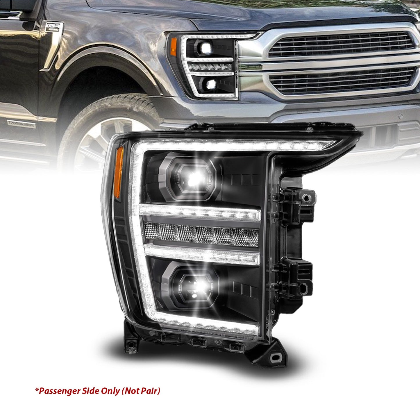 Anzo USA | LED Projector Headlight Black Housing Full LED Trio Projector Switchback Bar/Sequential Turn Signal w/DRL and Initiation Feature Passenger Side | Fits F-150 | 111594-R