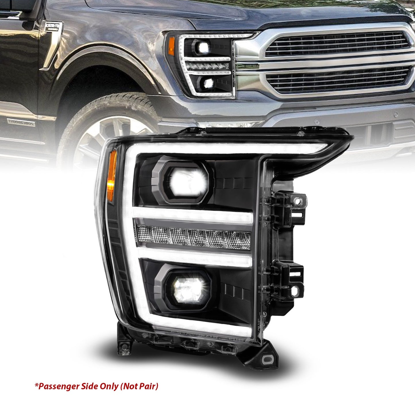 Anzo USA | LED Projector Headlight Black Housing Full LED Trio Projector Switchback Bar/Sequential Turn Signal w/DRL and Initiation Feature Passenger Side | Fits F-150 | 111594-R