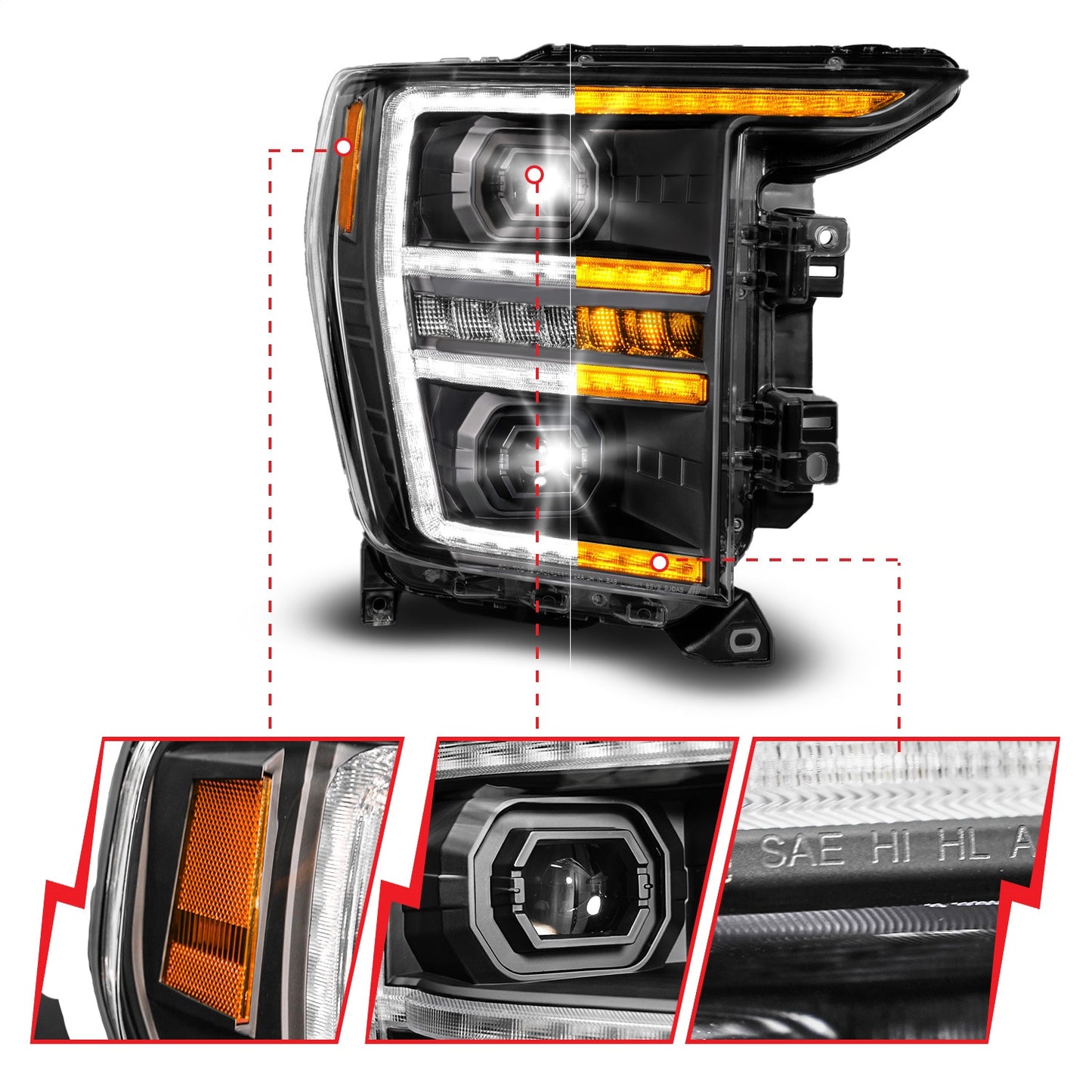 Anzo USA | LED Projector Headlight Black Housing Full LED Trio Projector Switchback Bar/Sequential Turn Signal w/DRL and Initiation Feature Passenger Side | Fits F-150 | 111594-R