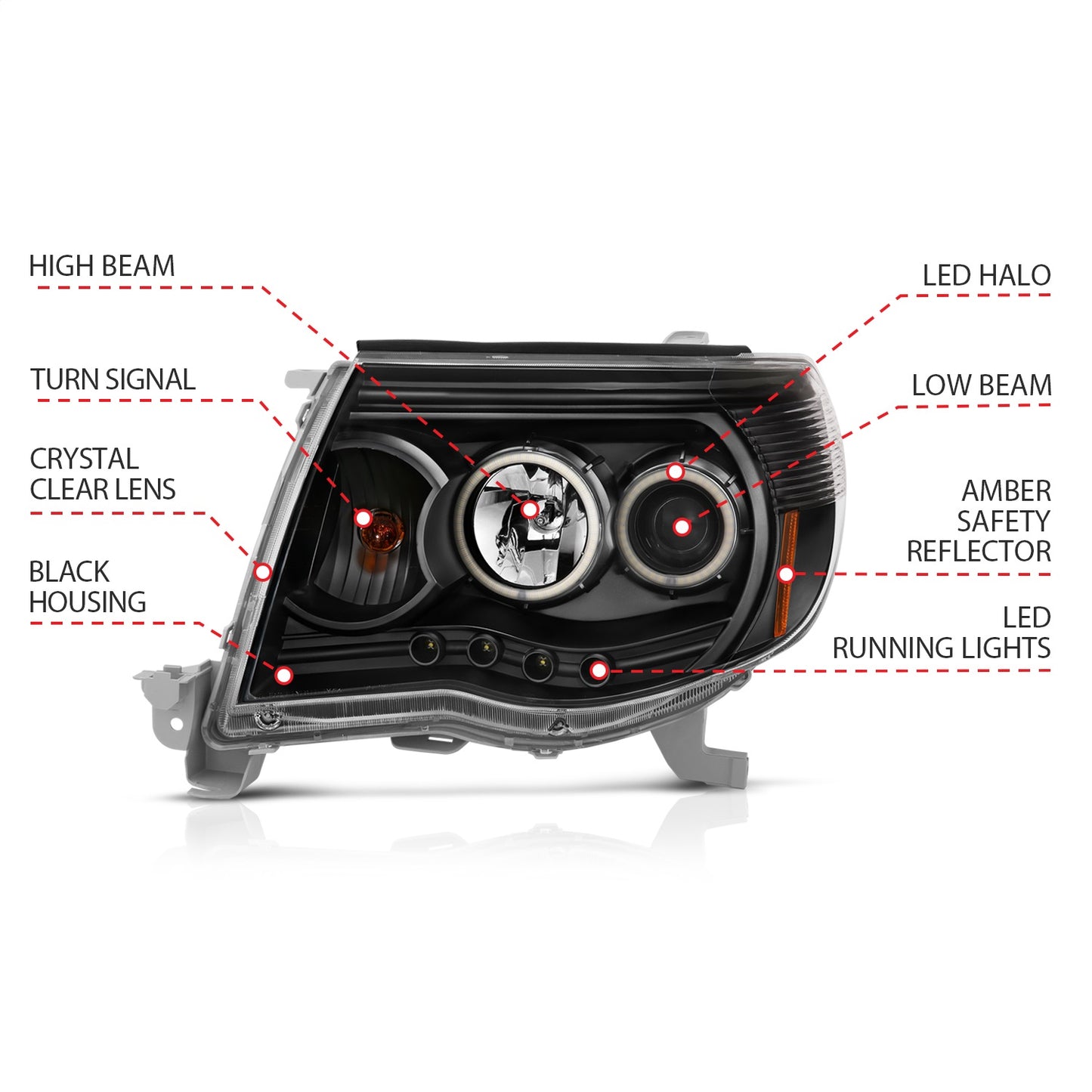 Anzo USA | Projector Headlight Set w/Halo Clear Lens Black Housing Pair | Fits Tacoma | 121282
