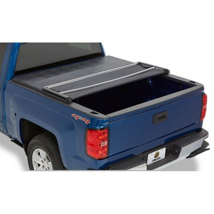 BESTOP | Soft Tri-Fold Tonneau Cover EZ-Fold For Nissan 2005-2024 Frontier 5.0 Foot Black Tailgate Spoiler Not Included Bestop | 16146-01 on truck bed