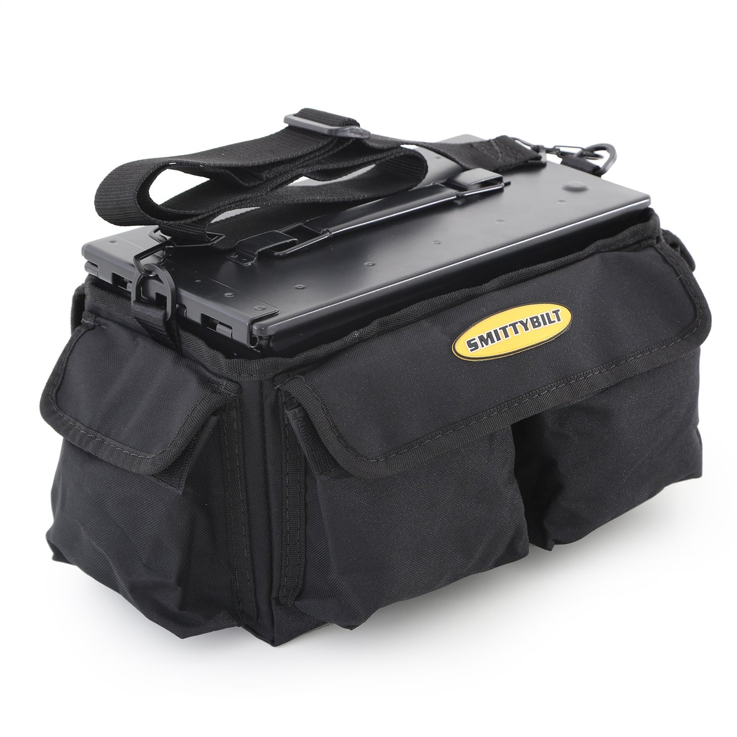 Smittybilt Ammo Can w/Bag .50 Cal. Ammo Can 12 in. x 7.5 in. x 6.125 in. .8mm Steel Weight 5.7 lbs. Airtight/Watertight 600D Ballistic Nylon Carry Bag w/Five Exterior Pouches Blk I 2827