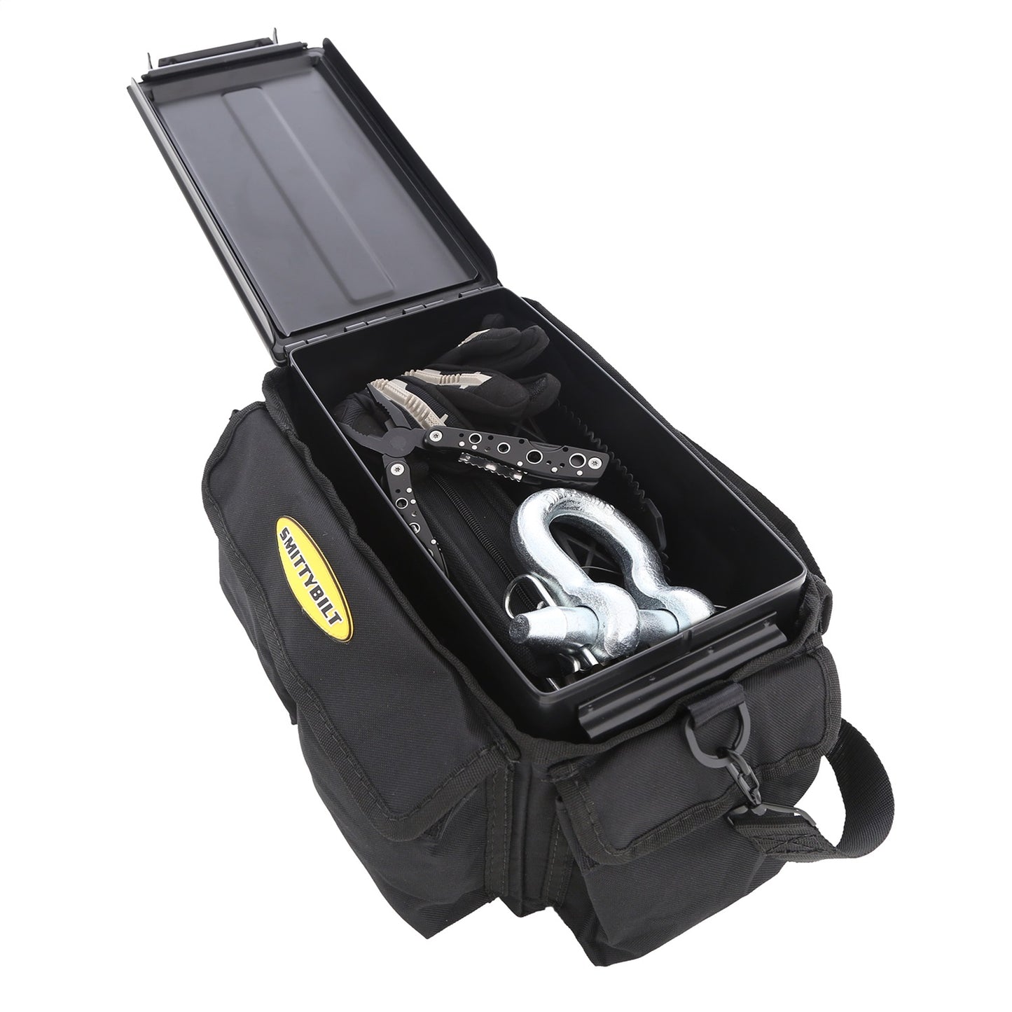 Smittybilt Ammo Can w/Bag .50 Cal. Ammo Can 12 in. x 7.5 in. x 6.125 in. .8mm Steel Weight 5.7 lbs. Airtight/Watertight 600D Ballistic Nylon Carry Bag w/Five Exterior Pouches Blk I 2827