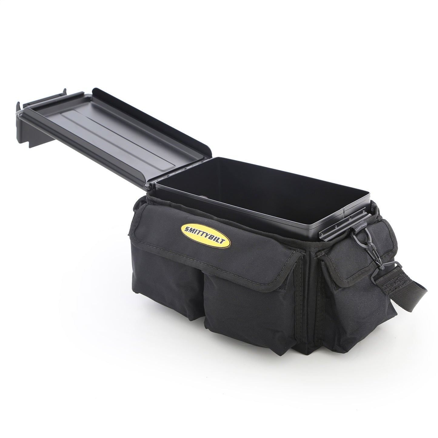 Smittybilt Ammo Can w/Bag .50 Cal. Ammo Can 12 in. x 7.5 in. x 6.125 in. .8mm Steel Weight 5.7 lbs. Airtight/Watertight 600D Ballistic Nylon Carry Bag w/Five Exterior Pouches Blk I 2827