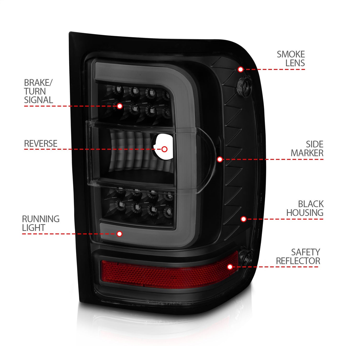 Anzo USA | LED Tail Light Assembly LED Smoke Lens Black Housing w/Light Bar Pair | Fits Ranger | 311391