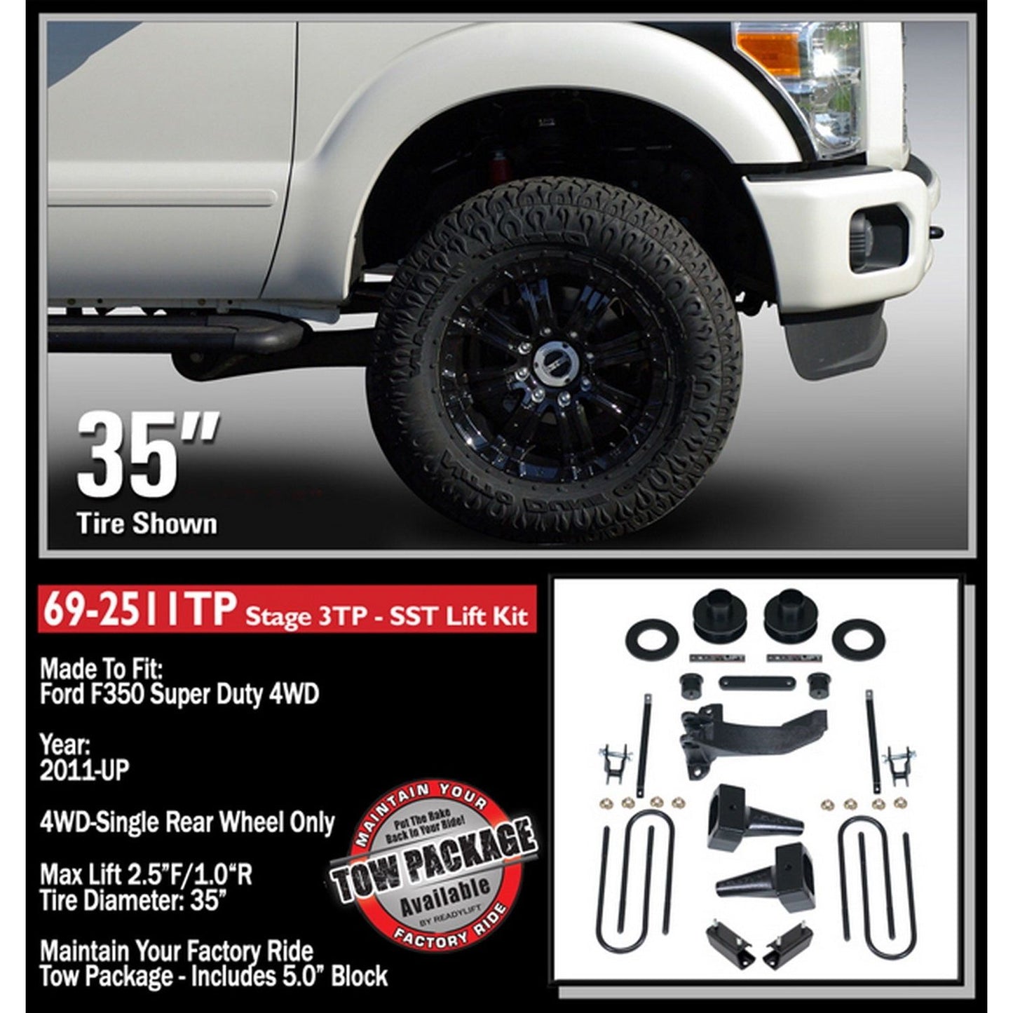 ReadyLIFT 2.5'' SST Lift Kit with 5'' Rear Flat Blocks for 2 Piece Drive Shaft without Shocks (F250/F350/F450) 69-2511TP