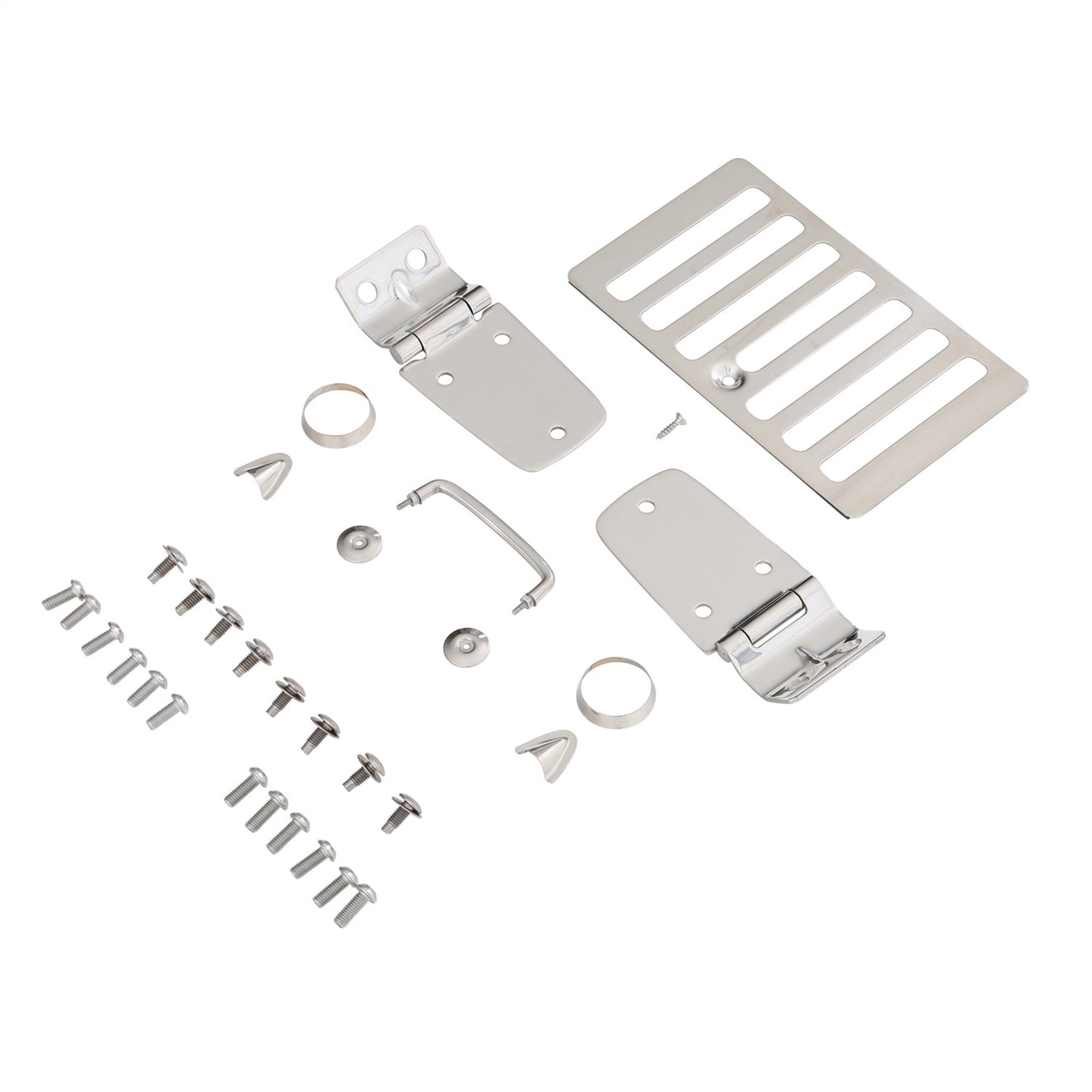 Smittybilt Complete Hood Kit Incl. Hood Hinges Windshield Tie Down Kit Hood Vent Footman Loop Stainless Steel No Drilling Installation I 7465