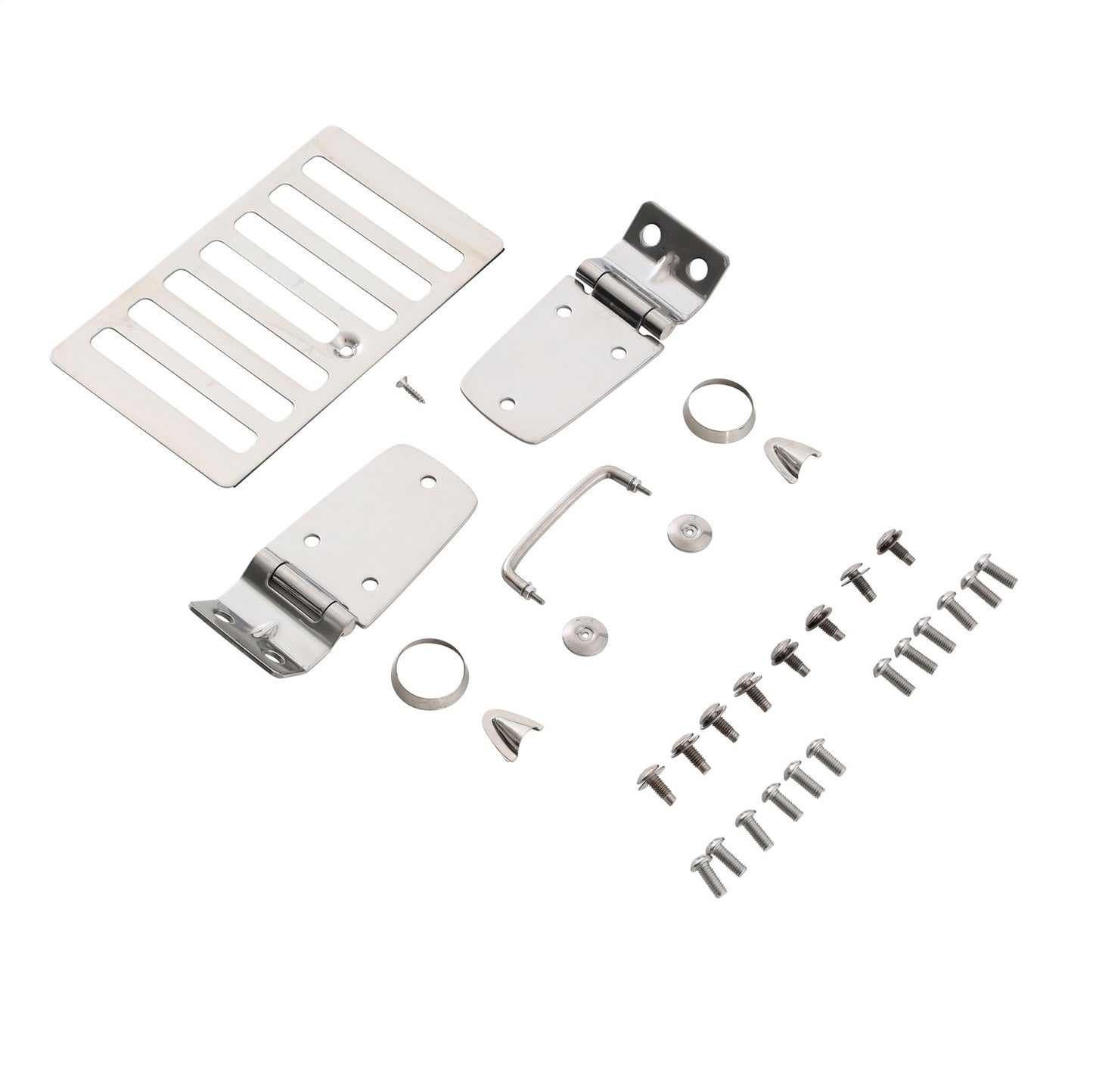Smittybilt Complete Hood Kit Incl. Hood Hinges Windshield Tie Down Kit Hood Vent Footman Loop Stainless Steel No Drilling Installation I 7465