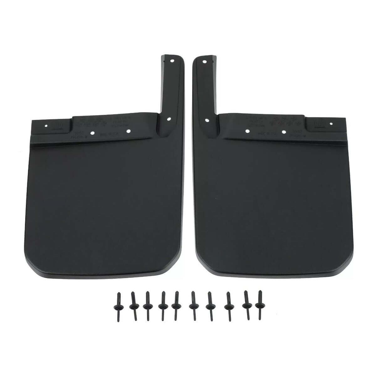 Mopar Splash Guards For 4XE PHEV Sahara And Sport Front Pair Black | 82216495AA, showing a set of two black splash guards with mounting hardware.