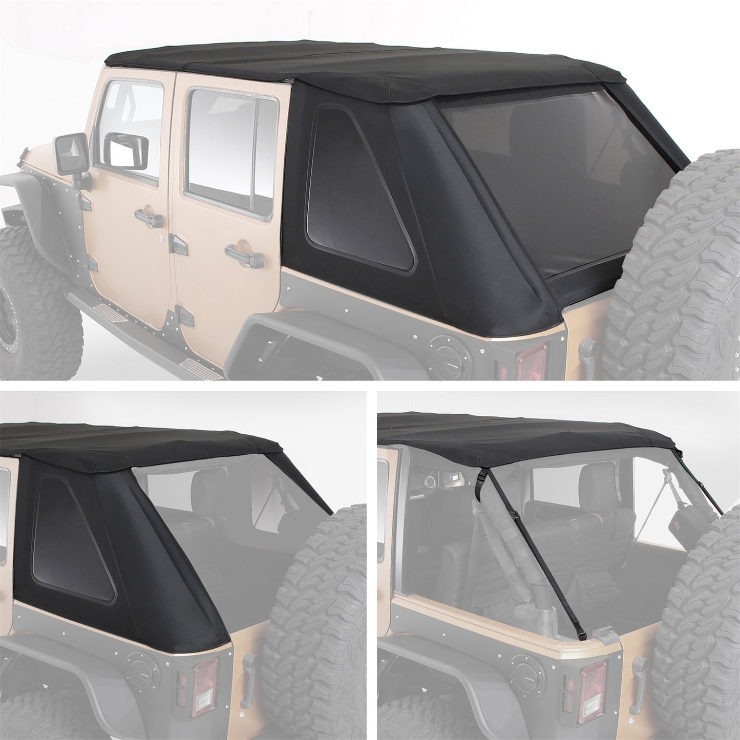Smittybilt Bowless Combo Top w/Tinted Windows ProT3K Triple Layered Marine Grade Durable Vinyl Coated Soft Top OEM Diamond Style Fabric 30ml DOT Tinted Glass Black I 9087235