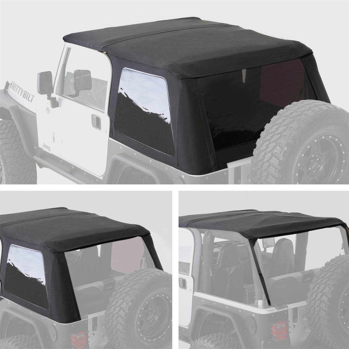 Smittybilt Bowless Combo Top w/Tinted Windows Marine Grade Durable Vinyl Coated Soft Top OEM Diamond Style Fabric 30ml DOT Tinted Glass Black I 9973235