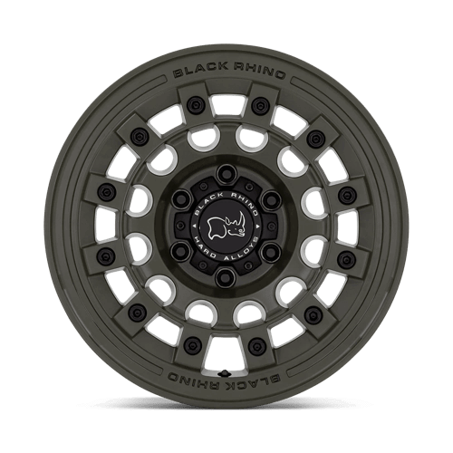 Black Rhino FUJI Olive Drab Green wheel with 5-lug design and industrial aesthetic.