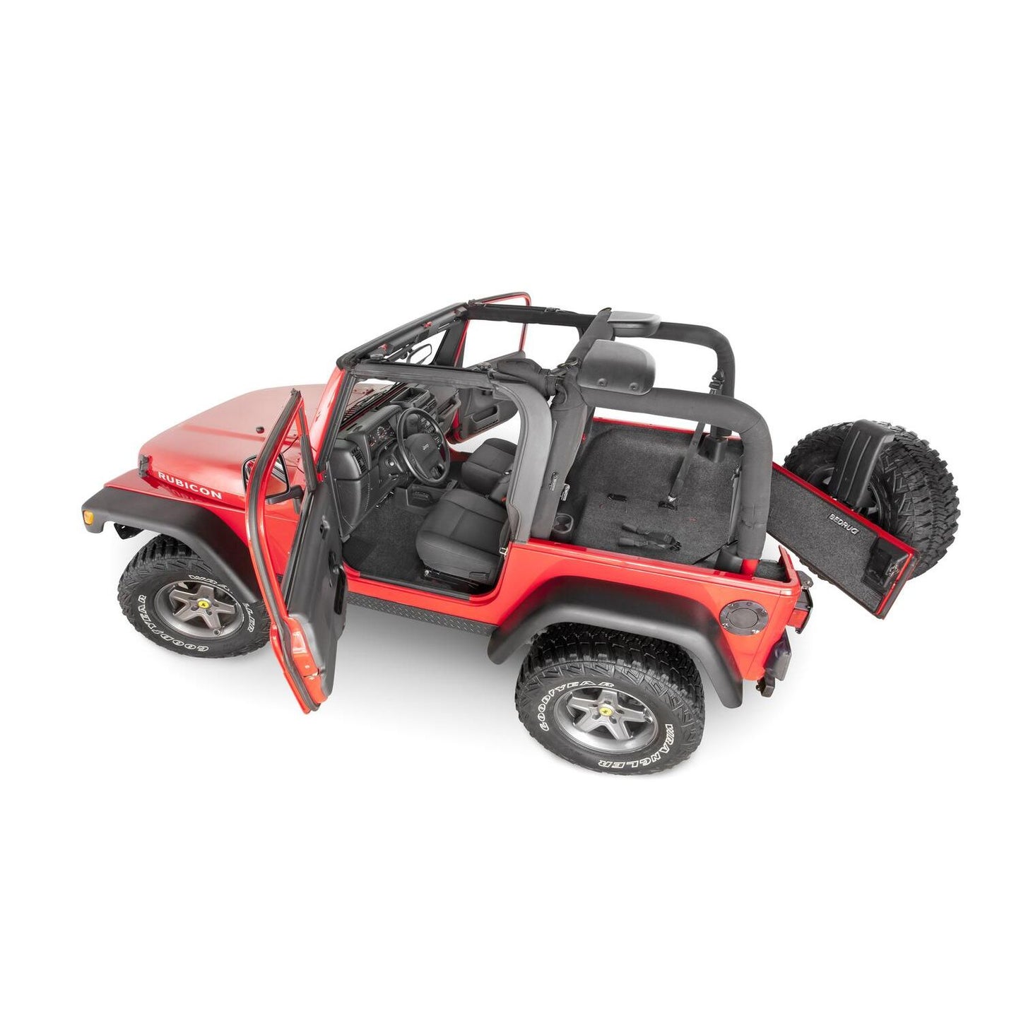BedRug Jeep 97-06 Jeep Tj/Lj Front 3Pc Floor Kit - Charcoal (W Cntr Cnsl) - HT Shlds Floor Liner Kit installed in a Jeep.