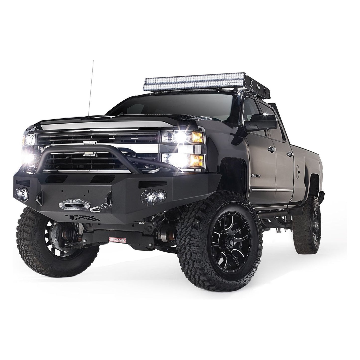 Fab Fours Premium Heavy Duty Winch Front Bumper 2 Stage Black Powder Coated w/Pre-Runner Grill Guard Incl. 1in. D-Ring Mts./Light Cut-Outs w/Hella 90mm Fog Lamps/60mm Turn Signals l CH05-A1352-1