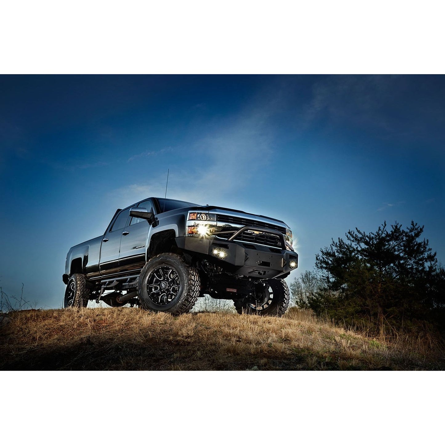 Fab Fours Premium Heavy Duty Winch Front Bumper 2 Stage Black Powder Coated w/Pre-Runner Grill Guard Incl. 1in. D-Ring Mts./Light Cut-Outs w/Hella 90mm Fog Lamps/60mm Turn Signals l CH05-A1352-1